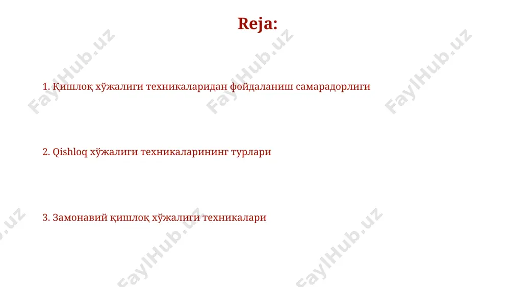 он экишдаги энг самарали усуллардан бири — прецизион экиш бўлиб, бунда 1 гектарга 150 кг гача уруғ тежаш мумкин. ekish texnikalari ekish texnikalarining samaradorligi 20-30% ga, an'anaviy usullar bilan solishtirganda, urug' ekish zichligini va bir xilligini ta'minlash orqali hosildorlikni oshiradi. zamonaviy ekish texnikalari, gps va avtomatlashtirish tizimlari yordamida, 1 gektar maydonga 1 soatda 5 gektargacha ekish imkonini beradi, bu esa mehnat unumdorligini sezilarli darajada oshiradi. qishloq xoʻjaligi texnikalarining iqtisodiyoti yuqori texnologiyalarga ega qishloq xoʻjaligi mashinalarining taʼmirlash va texnik xizmat koʻrsatish xarajatlari boshlangʻich investitsiyalariga nisbatan 5-7% ni tashkil etadi, bu esa uzoq muddatli foydani taʼminlaydi. qishloq xoʻjaligi texnikalarining samaradorligi 15-20% gacha hosildorlikni oshirishi va mehnat unumdorligini 2-3 baravar koʻpaytirishi mumkin, bu esa ishchi kuchi xarajatlarini sezilarli darajada kamaytiradi. transport texnikalari транспорт техникаларининг 30% дан ортиғи ўрта ва кичик фермер хўжаликларида фойдаланилади, бу эса уларнинг самарадорлигини оширишда муҳим аҳамиятга эга. ўзбекистонда транспорт техникаларига бўлган талаб йил сайин 5-7% га ўсиб бормоқда, бу …