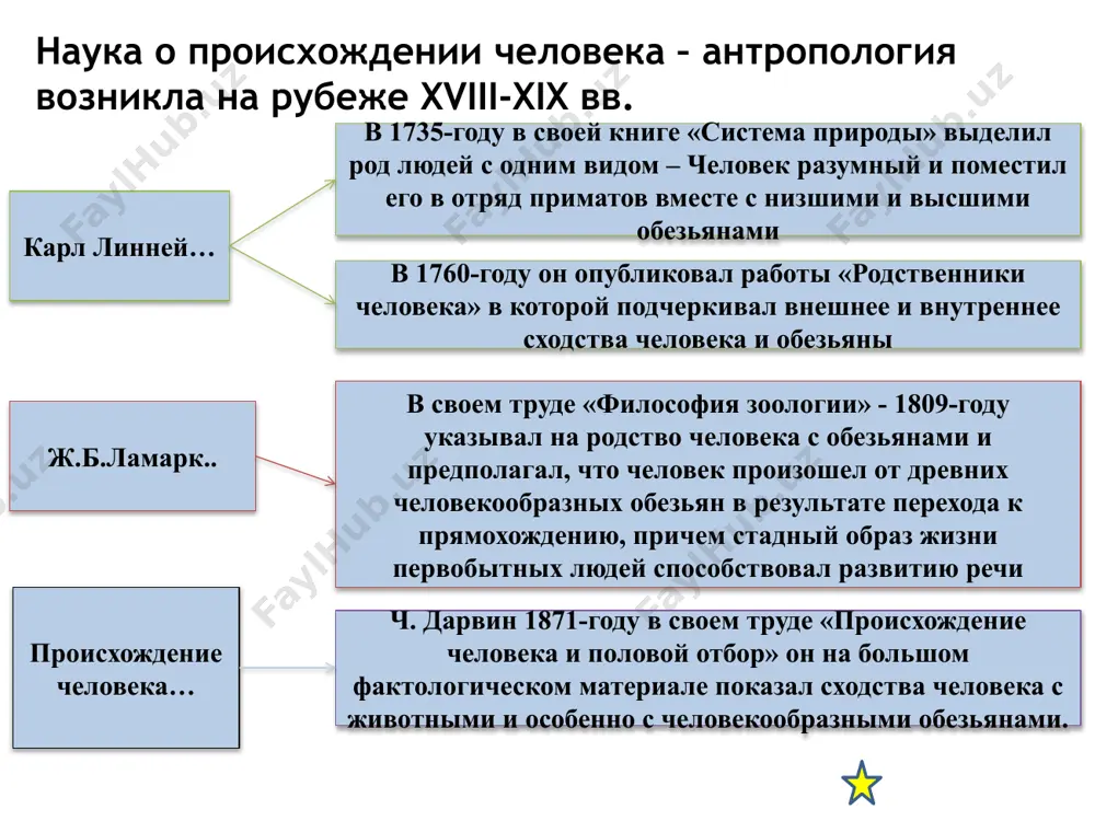 ане близ самарканда, в сырдарьинской области и в пещере тешикташ сурхандарьи. неандертальцы – прямые предки человека современного типа; неандертальцы внесли некоторый генетический вклад в генофонд человека современного типа неандертальцы являются боковой тупиковой ветью эволюции гоминитов в настоящее время неандертальцев считают одним из подвидов человека разумного неантропы (кроманьонцы) рост их достигал до 180см. объем мозга 1600см3. мозговой отдел их черепа преобладал над лицевым, сплошной надглазничный валик отсутствовал, развитый подбородочный выступ указывал на то, что они смогли общатся с помощью членораздельной речи. неокончательно решенным остается вопрос о возникновении подвида homo sapins, к которому принадлежит современное человечество человеческие расы – это исторически сложившиеся группировка (группы популяций) людей внутри вида homo sapiens sapiens. расы отличаются друг от друга второстепенными физическими особенностями – цветом кожи, пропорциями тела, разрезом глаз, структурой волос и тд. выделяют три большие расы: европеоидная (евразийская) монголоидная (азиатско-американская) австрало-негроидная (экваториальная) в пределах этих рас насчитывается около 30 малых рас. между 3мя основными …