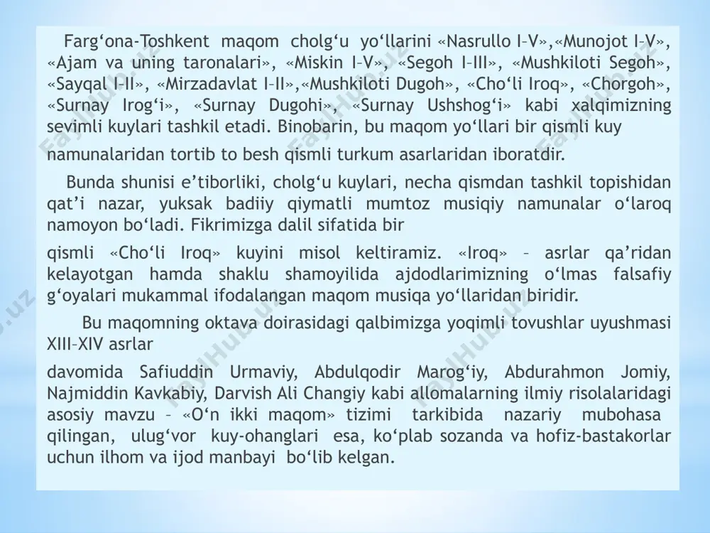 roq», «muxammasi iroq», «saraxbori iroq», «muxayyari iroq», «chanbari iroq», «ufari iroq», «iroqi buxoro» va shoxobchalari, xorazm maqomlari turkumidagi «maqomi iroq», «tarjeyi iroq», «peshravi iroq», «muxammasi iroq», «saqili iroq», «ufari iroq», farg‘ona – toshkent maqom yo‘llariga mansub «toshkent irog‘i», «cho‘li iroq», «surnay irog‘i», «mushkiloti iroq ufari», «ufari iroq», «iroq du cha va si» shular jamlasidan. iroq maqomining mukammal pardalarida ifodalangan ulug‘vor kuy-ohanglari nafaqat bastakor-hofiz va sozandalarni, balki o‘z davrining olimu fuzalo, shoiru adiblarini ham ijod sari ilhomlantirib kelgan. ayniqsa, haj safarini ado etganlar va bu amalni bajarish orzusida bo‘lganlar qalbida alohida qadrli tuyg‘ularni uyg‘otgan. jumladan, haj amallarini bajarganlar uchun bu maqom baxt manzili («hijoz»)ga olib boruvchi iroq mamlakatining cheksiz cho‘lu xiyobonlarida kechgan mushkilotli sinovlarini va pirovardida erishilgan ruhiy yuksalishlarini yodga soluvchi mo‘tabar nom va musiqa yo‘li, safar orzusida bo‘lganlarga esa ibtidosi mashaqqatli, intihosi sharafl i yo‘l talabi bilan bog‘liq muqaddas yanglig‘ kuy timsoli edi. jumladan, «cho‘li iroq» mumtoz kuyida shu ulug‘ …