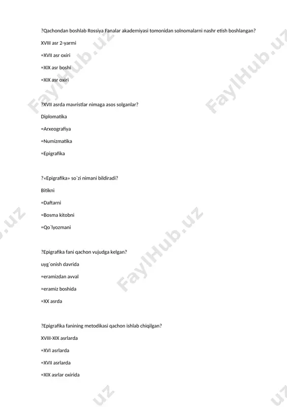 skanlari va ularning qismlari: qishloq, mahalla, guzar, ko‘cha, ovul, qo‘rg‘on nomlarini o‘rganuvchi sohasi qaysi. oykonimika =gidronimika =oronimika =urbanonimika ?toponimikaning suv havzalari: daryo, kanal, soy, ariq, buloq, ko‘l kanallar, qo‘ltiq, bo‘g‘oz, sharshara kabilarning nomlarini o‘rganuvchi sohasi qaysi. gidronimika =oronimika =urbanonimika =oykonimika ?toponimikaning yer yuzasining relef shakllari: tog‘, cho‘qqi, qoya, qir, tepa, qiya, vodiy, tekislik nomlarini tekshiradigan sohasi bu ... oronimika =urbanonimika =oykonimika =gidronimika ?shahar ichidagi har qanday ob'ektlar nomlarini toponimikaning qaysi sohasi o‘rganadi. urbanonimika =oykonimika =gidronimika =oronimika ?1988- yilda chop etilgan “o'zbekiston toponimlarining izohli lug'ati” asari muallifi kim? t.nafasov =z.do'simov =s.qorayev =n.oxunov ?etnotoponimga misol bo‘la oladigan toponimni aniqlang. olchin =namangan =sardoba =toshbuloq ?“geografiya” atamasini fanga olib kirgan olimni toping? eratosfen =arximed =aristotel =gerodot ?budda dini yodgorliklari qaysi javobda to'g'ri qayd qilingan? qoratepa, dalvarzintepa, xolchayon, fayoztepa =fayoztepa, dalvarzintepa, qoratepa, qiziltepa =qoratepa, fayoztepa, dalvarzintepa, ayritom =bolaliqtepa, qoratepa, fayoztepa, dalvarzintepa ? “devonu lug‘atit turk” asarida boltiq dengizi qanday nom bilan tilgan olingan? varang =obi …