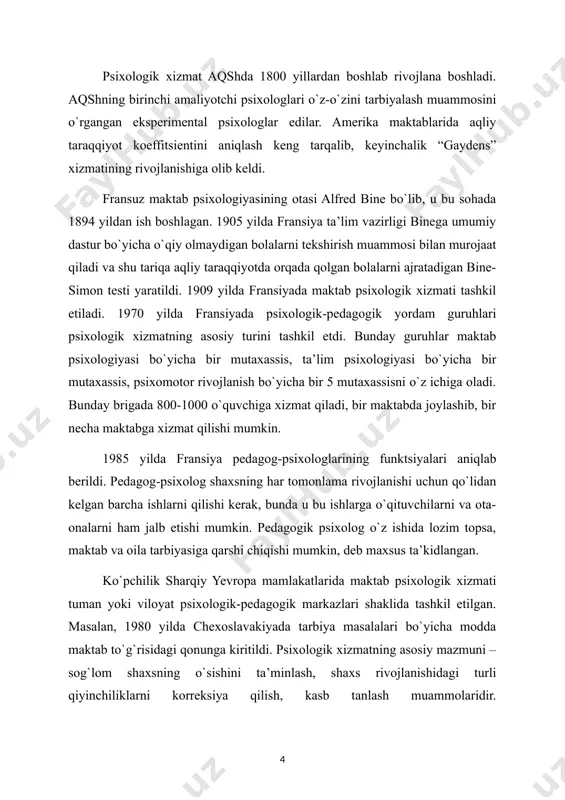 lib estoniyada 1975 yilda maktabda psixologik xizmat tashkil etildi (rahbari x.i.liymets, yu.l.sierd bo`lib, tarbiyasi qiyin o`smirlar uchun maxsus maktablarda ish olib bordilar). rossiyada 1982 yilda maktablarda psixolog shtati ochildi. rossiyada i.v.dubrovina psixologik xizmatning rivojlanishiga ulkan ulush qo`shgan, u ushbu mavzuda doktorlik dissertasiyasini yoqlagan va bir qancha asarlar muallifidir.1984 yilda moskvada sobiq sovet ittifoqida psixologiya institutida “sssrda psixologik xizmat muammolari bo`yicha i umumittifoq anjumani bo`lib o`tdi. anjumanda maktabda psixologik xizmat sektsiyasi ham ish olib bordi. psixologik xizmatning respublikamizdagi holati. psixologik xizmat-ijtimoiy psixologik muammo sifatida talqin qilinar ekan, barcha rivojlangan mamlakatlardagi kabi, o`zbekistonda ham mazkur psixologik xizmat muammosining qay tariqa va qanday ilmiy-tashkiliy asoslarda bartaraf etilayotganligini o`rganish, tahlil qilish va talqin qilish muhim ahamiyat kasb etadi. chunki, respublikada psixologik xizmatga oid olib borilayotgan nazariy-ilmiy va amaliy-uslubiy tadqiqotlar ko`lamiga ma’lum tartibda baho bermay turib, o`zbekistonda psixologik xizmatni yanada takomillashtirish va rivojlantirish masalasi haqida fikr mulohaza yuritib bo`lmaydi. o`zbekistonda psixologik xizmat tarkib topishining dastlabki …