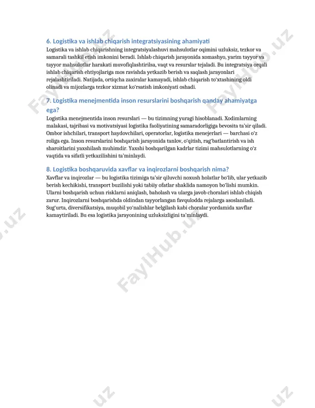 rati yetkazib berishning har bir bosqichida — omborlash, transportirovka, qadoqlash va mijozga topshirishda amalga oshiriladi. logistikada sifatni boshqarish mijozlar qoniqishini ta’minlaydi, mahsulot yo‘qotishlarini kamaytiradi va kompaniya obro‘sini oshiradi. doimiy takomillashtirish tamoyili asosida jarayonlar yangilanadi. 5. logistika va xalqaro savdo haqida ma’lumot bering logistika va xalqaro savdo o‘zaro chambarchas bog‘liq. xalqaro savdo jarayonlarida tovarlar mamlakatlar o‘rtasida harakat qiladi, bu esa samarali logistika tizimisiz imkonsizdir. xalqaro logistika eksport-import operatsiyalarini, bojxona rasmiylashtiruvini, transport va saqlash jarayonlarini o‘z ichiga oladi. tashqi iqtisodiy faoliyatda logistika xarajatlarni kamaytirishga, yetkazib berish muddatini qisqartirishga va tovar sifati saqlanishiga yordam beradi. logistika xalqaro bozor talablariga moslashishda muhim rol o‘ynaydi. 6. logistika va ishlab chiqarish integratsiyasining ahamiyati logistika va ishlab chiqarishning integratsiyalashuvi mahsulotlar oqimini uzluksiz, tezkor va samarali tashkil etish imkonini beradi. ishlab chiqarish jarayonida xomashyo, yarim tayyor va tayyor mahsulotlar harakati muvofiqlashtirilsa, vaqt va resurslar tejaladi. bu integratsiya orqali ishlab chiqarish ehtiyojlariga mos ravishda yetkazib berish va saqlash jarayonlari …