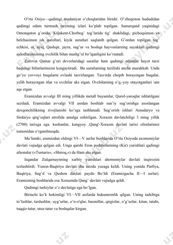 ’z davlatiga ega bo’lgan. birinchi ko’k hokimligi vi—vii asrlarda hukumronlik qilgan. uning tarkibiga to’lashlar, tardushlar, uyg’urlar, o’n-o'qlar, basmillar, qirgizlar, o’g’uzlar, kitan, tatabi, tuqqiz-tatar, utuz-tatar va boshqalar kirgan. xoqonlik 535 yilda paydo bulgan. 630—680 yillarda ko’k turklar davlatni qo’ldan berib quygan. buning bir qator sabablari urxun-enasoy obidalarida qayd etilgan. bular: 1. keyingi davrlardagi hukmdor va boshliqlarning layoqatsizligi. «undan sung inisi og’asiday ish tutmagan ekan, ug’li otasiday ish tutmagan ekan. taxtga johil xoqon utirgan ekan, badfe’l xoqon o’tirgan ekan. vaziri ham bilimsiz ekan. qurqoq ekan...turq beklari turkcha otini tashladi, tabg’ach beklarining tabg’achcha otini qabul qilib, tabg’ach xoqoniga qaram buo’ldi. ellik yil mehnatini, kuchini sarf qilibdi» («kultegin» bitigtoshi). 2. turkiy qavmlarning o’zaro noaxilligi. «tarbiyat qilgan xoqonning so’zini olmayin har qayerga ketding. u yerlarda butunlay g’oyib bulding, nom-nishonsiz ketding» («kultegin» bitigtoshi). 3. tabg’ach davlatining siyosati va ichdan yemiruvchi targibot-tashviqoti: «oltin, kumush, ichkilik, ipakni shuncha hisobsiz berayotgan tabgach xalqi so’zi shirin, ipak kiyimi nafis ekan. …