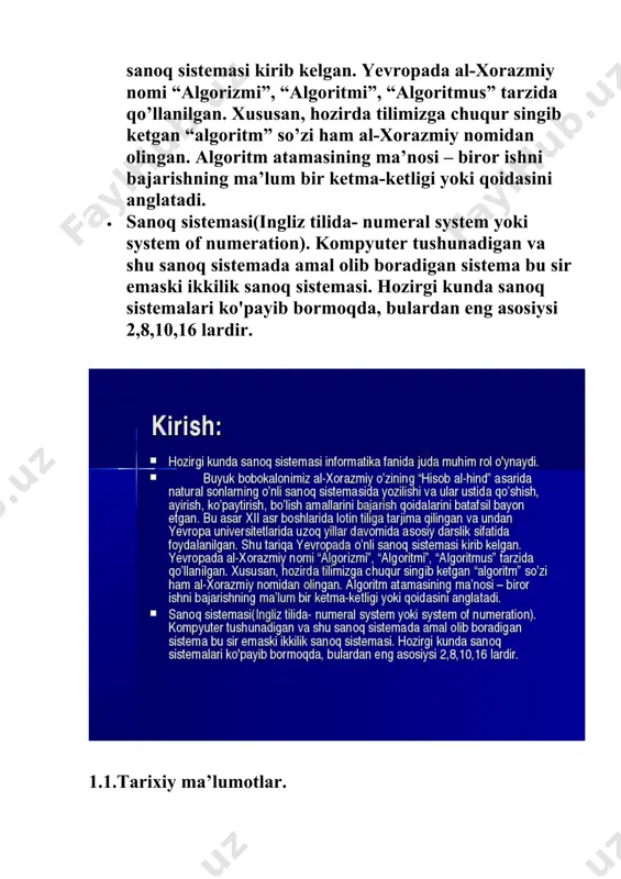 14, 15 sonlari kabidir. bu sonlarni raqamlardan farqlash uchun lotin harflari bilan belgilashga kelishilgan, chunki o’n oltilik sanoq sistemasidagi 10 soni o’nlik sanoq sistemasidagi 16 soniga teng. arifmetik amallarni bajarilishini quyidagi misolda ko’rib chiqamiz. · arifmetik amallarni bajarilishini quyidagi misolda ko’rib chiqamiz. 2.3. turli asosli sanoq sistemasidagi sonlarni 10 asosli sanoq sistemasiga o’tkazish. · turli asosli sanoq sistemasidagi butun sonlarni o’nlik sanoq sistemasiga o’tkazishda quyida keltirilgan asos darajalari bo’yicha yoyish formulasidan foydalaniladi: · n=akpk+ak-1pk-1+...+a1p1+a0p0, · bu yerda: · ak, ak-1,.., a0 – berilgan sonni tashkil etuvchi raqamlar; · k – sondagi raqamlar sonidan bitta kam miqdor (chunki birinchi razryad 0(nol) dan boshlangan). · 1-misol. ikkilik sanoq sistemasidagi 101110 sonni o’nlik sanoq sistemasiga o’tkazing. · yechish: yuqoridagi formulaga muvofiq · a0=0, a1=1, a2=1, a3=1, a4=0, a5=1 va q=2. · demak, · 1011102=1·25+0·24+1·23+1·22+1·21+0·20=32+0+8+4+2+0=4610 xulosa: · sanoq sistemalari hozirgi kunda juda ko’p ishlatilishini bilib oldik. masalan, 2 lik sanoq sistemasi diskret motematikada, informatikada, …