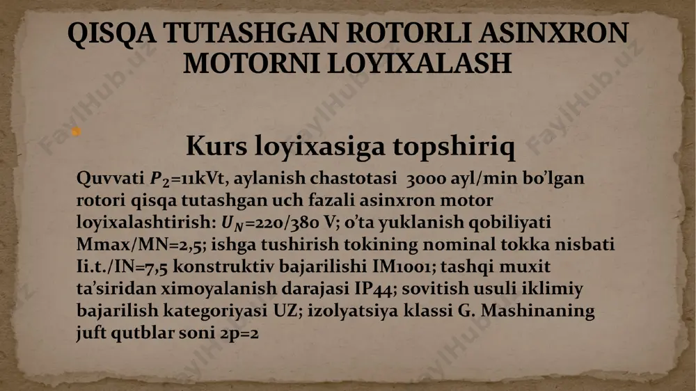 o=7,9 a va salt ishlash rejimidagi quvvat koeffitsientini hisoblab chiqdim. bu hisob kitoblar motorning ish xarakteristikalarini qurishda yordam beradi quvvat isroflarini xisoblash uch fazali qisqa tutashgan rotorli asinxron motorning ish xarakteristikalari deb, motor iste’mol qiladigan quvvat, stator toki , kuvvat koeffitsiyenti cosf, fik , motor sirpanishi s larning motor validagi quvvatga bog’liqligi, ya’ni p1, i1, cosf, , s=f() ga aytiladi. motorni ish xarakteristikalarini 7 – rasmda koʻrsatilgan qisqa tutashgan rotorli asinxron motorning ish xarakteristikalarini xisoblash 7- rasm .p2=11kvt , un = 220/380 v 2p=2 li loyihlaniyotgan motorni ish xarakteristikalari qisqa tutashgan rotorli asinxron motorning ish xarakteristikalarini xisoblashda foydalaniladigan jadval motorni ish xarakteristikalari statikaviy matematik modelini sirpanish s=1 uchun tuzamiz. ishga tushirish xarakteristikalarini xisoblashda rotor pazining o’lchamlari , sterjenning balandligi, rotor karshiligining umumiy oshish koeffitsiyenti va rotor cho’lg’amining induktiv qarshiligini hisoblab oldim. parmetrlarni toʻyinishini magnit toʻyinishlarni hisobga olib magnit oʻtkazuvchanliklarni aniqladim . stator va rotor choʻlgʻamlarini induktiv qarshiliklarini aniqladim. ishga tushirish …
