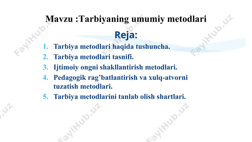 lar (ijtimoiy ma’naviy-axloqiy meyorlar, jamiyatda ustuvor о‘rin tutuvchi ijtimoiy munosabatlar, jamoa orasida о‘zini tutish qoidalari va b.sh.); 2) estetik mavzular (tabiat gо‘zalligi, shaxslararo munosabatlar, inson gо‘zalligi); 3) siyosiy mavzular (davlatning ichki va tashqi siyosati, dunyo voqealari, xalqaro munosabatlar va b.sh.); 4) ta’lim va bilishga oid mavzular (koinot, hayvonot va о‘simliklar dunyosi, elektronika va b.sh.) hikoya – о‘qituvchi tomonidan mavzuga oid dalil, hodisa va voqealarning yaxlit yoki qismlarga bо‘lib, tasviriy vositalar yordamida obrazli tasvirlash yо‘li bilan ixcham, qisqa va izchil bayon qilinishi namuna (ibrat, о‘rnak) – katta hayotiy tajriba va kasbiy mahoratga ega, shuningdek, mazmunli hayot kechirgan keksalar, ommaning hurmatiga sazovor bо‘lgan kishilarning atrofdagilar bilan munosabatda bо‘lish, zimmalaridagi vazifalarni bajarish, mas’uliyatni chuqur his etishlari bilan yosh avlodga ta’sir kо‘rsatish usuli ma’ruza – hayotiy misollar, badiiy asarlar g‘oyalari asosida axloqiy mavzularda og‘zaki bayon qilish shakli ishontirish – о‘quvchilarni muayyan voqea-hodisalar, jarayonlar, xatti-harakat hamda faoliyatning tо‘g‘riligiga ishontirishga qaratilgan fikrlarning og‘zaki bayoni nasihat - …