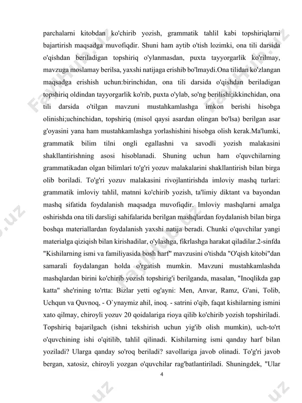ozuv 20 qoidalariga rioya qilib ko'chirib yozish topshiriladi. topshiriq bajarilgach (ishni tekshirish uchun yig'ib olish mumkin), uch-to'rt o'quvchining ishi o'qitilib, tahlil qilinadi. kishilarning ismi qanday harf bilan yoziladi? ularga qanday so'roq beriladi? savollariga javob olinadi. to'g'ri javob bergan, xatosiz, chiroyli yozgan o'quvchilar rag'batlantiriladi. shuningdek, "ular qanday bolalar ekan?" "sizlar-chi?" savollariga javob olinib, tarbiyaviy tomoni ham yoritiladi.3-sinfda "bo'g'in" mavzusi takrorlanganda, "o'qish kitobi"dan imlosi va o'qilishi (talaffuzi) qiyin so'zlar uchraydigan gaplar tanlab olinib, ularni doskaga yozib, awal bo'g'inga bo'linmaydigan, so'ng bo'g'inga bo'linadigan so'zlarni yozib, awal bo'g'inlab, so'ng sidirg'a o'qish mashq qilinsa, o'qilishi va yozilishi qiyin bo'lgan so'zlarni to'g'ri o'qishni, to'g'ri yozishni bilib oladilar.masalan, "shayx mazididdin ot choptirish, qilich urishtirish, zarb berish bo'yicha ko'rikdan o'tishga shoshilardi" gapi sinf yozuv taxtasiga yoziladi. so'ng yozilgan gapdan awal bo'g'inga bo'linmayc gan, so'ng bo'g'inga bo'linadigar so'zlarni tanlab yozish topshiriladi, o'quvchilar "shayx, ot, zarb" so'zlarini yozadilar. topshiriq bajarilgach, o'quvchilardan: "shayx, ot, zarb bir bo'g'inli so'z. chunki uiarda bitta …