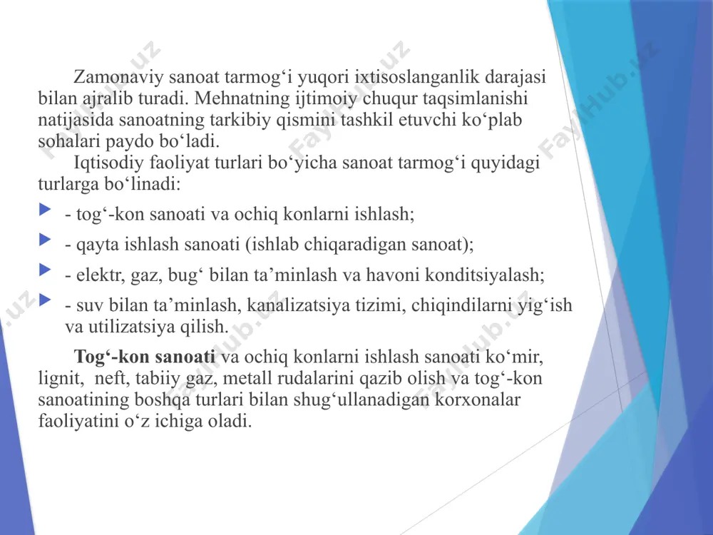 ing fizik hajm indeksi* 107,1 % ni tashkil etdi. hajmi fhi tog‘-kon sanoati va ochiq konlarni ishlash korxonalari tomonidan 2023- yilning yanvar-sentabr oylarida ishlab chiqarilgan mahsulotlar hajmi 64,8 mlrd. so‘mni yoki jami ishlab chiqarilgan sanoat mahsulotlari hajmining 0,6 % ni tashkil etdi. yillar kesimida oladigan bo‘lsak 2021- yilda eng past ko‘rsatkich qayd etilgan bo‘lsa, joriy davrda yana o‘sish tendensiyasiga erishildi. 2023- yilning yanvar-sentabr oylarida ishlab chiqaradigan sanoat korxonalari tomonidan ishlab chiqarilgan mahsulotlar hajmi 6 215,0 mlrd. so‘mni yoki jami sanoat mahsulotlarining 58,1 % ni tashkil etgan. yillar kesimida solishtirilganda eng katta ko‘rsatgich joriy davrda qayd etilgan bo‘lib 6 215,0 mlrd. so‘mni tashkil etib, fizik hajm indeksi 105,3 % ekanligi qayd etildi. fizik hajm indeksining eng yuqori ko‘rsatkichi 2021-yilda qayd etilib 127,1 % ni tashkil etgan. 3. iste’mol mahsulotlari nooziq-ovqat mahsulotlari oziq-ovqat mahsulotlari vino-aroq mahsulotlari va pivo iste’mol mahsulotlari tarkibi istemol mahsulotlari-shahsiy istemol uchun yoki foyda olish bilan bog‘liq bo‘lmagan boshqa …