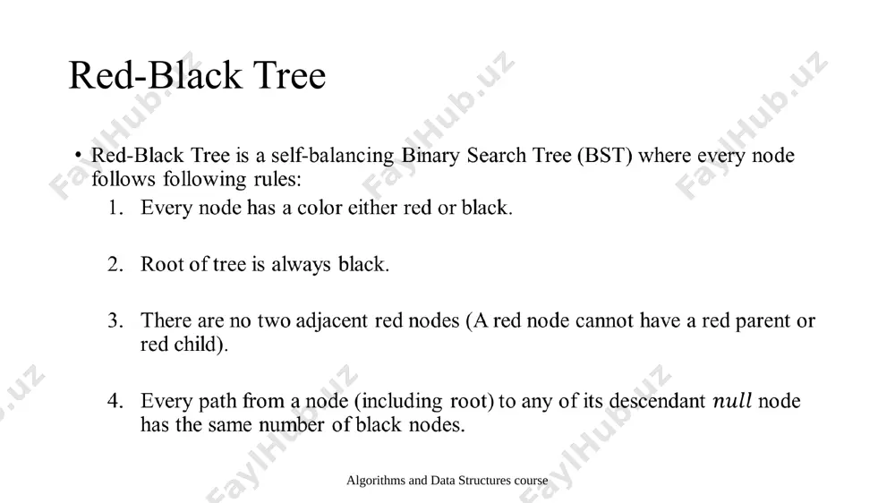 odes. same number of black nodes. red-black tree theorem: every red black tree with nodes has height . this can be proved using following facts: from , we can claim that the number black nodes in a red-black tree is at least where n is the total number of nodes. algorithms and data structures course every node is red or black. root is always black. no adjacent red nodes. same number of black nodes. red-black tree theorem: every red black tree with nodes has height . this can be proved using following facts: from last 2 points, we can conclude the fact that red black tree with n nodes has height . the hard part is to maintain balance when keys are inserted and removed. algorithms and data structures course every node is red or black. root is always black. no adjacent red nodes. same number of black nodes. image17.png …