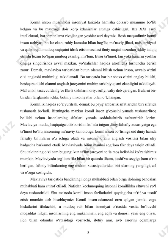 rilgan. irfoniy bilimlarning eng muhim xususiyatlaridan biri ularning yangiligi, asl va o‘ziga xosligidir. mavlaviya tariqatida bandaning ilohga muhabbati bilan birga ilohning bandalari muhabbati ham e'tirof etiladi. nafsdan kechmoqning insonni komillikka eltuvchi yo‘l deya tushuntirildi. shu ma'noda komil inson fazilatlarini quydagicha ta'rif va tasnif etish mumkin deb hisoblaymiz: komil inson-odamzod orzu qilgan jamiki ezgu hislatlarini ifodachisi, u mutloq ruh bilan insoniyat o‘rtasida vosita bo‘luvchi muqaddas hilqat, insonlarning eng mukammali, eng aqlli va donosi, ya'ni eng oliysi, iloh bilan odamlar o‘rtasidagi vositachi, ilohiy amr, ayb asrorini odamlarga yetkazuvchi ulug‘ xomiy, martabada aqli avvalga yaqinlikka intiluvchi, ruhi azaldan ma'lum, u tangri taolo yaratgan eng qudratli ruh, shu sifatlari bilan mutlaq ilohiy hislatlarni jamlagan qayxoniy mavjudlikdir, u oddiy inson suratda ko‘rinsa ham lekin ma'nan koinotni qamrab olgan, hamisha bedor va hamma narsadan xabardor bir zot, kishilik jamiyati ichidan yetishib chiqadigan mo‘tabar zotdir. shu ma'noda, o‘rta asr musulmon sharqida komil insonning o‘ziga xos axloq kodeksi …