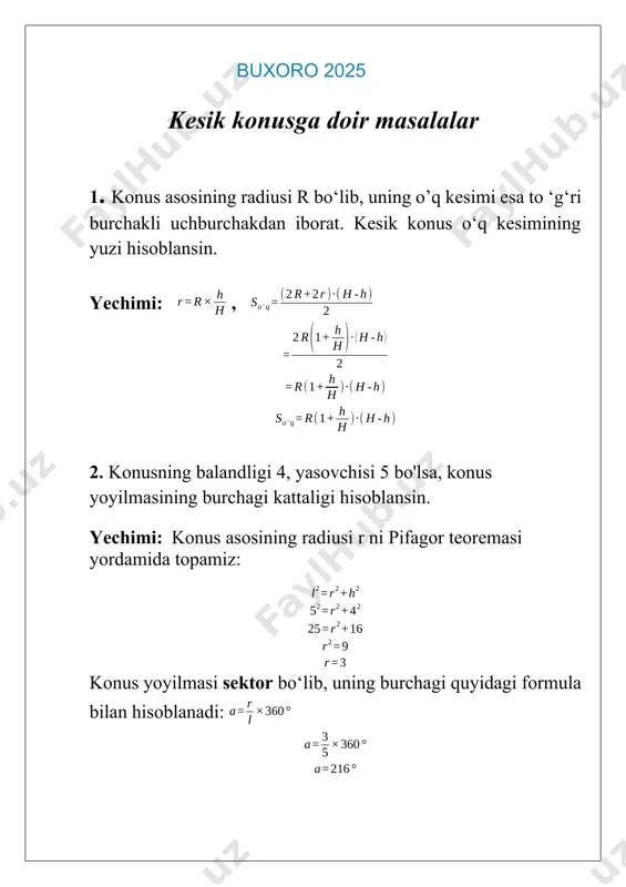 onusning yon sirtining yuzini toping. yechimi: = 12. sfera balandligi asosining diemetriga teng bo‘lgan konus ichki chizilgan. agar sfera sirtining yuzi 125 ga teng bo‘lsa, konus asosining yuzini toping. yechimi: 13. asosining radiuslari 2 va 7 ga, o’q kesimning dioganali 15 ga teng bo’lgan kesik konus yon sirtining yuzini toping. yechimi: 135 14. asoslarining radiusi 3 va 2 bo’lgan kesik konus yasovchisi asos tekisligi bilan 60li burchak hosil qiladi. kesik konus yon sirtini toping. yechimi: 15. kesik konus asoslarining radiuslari 3sm va 4 sm. agar asoslari yuzalari yig’indisi yon sirtiga teng bo’lsa, kesik konus hajmini toping. yechimi: 16. bosh konus balandligi h=24 cm, asos radiusi r=10 cm edi. agar konus asosidan 8 cm balandlikda kesilgan bo‘lsa, hosil bo‘lgan kesik konus hajmini toping. yechimi: kichik konusning radiusi proporsional: 17. konus asosining radiusi r bo‘lib, uning o’q kesimi esa to ‘g‘ri burchakli uchburchakdan iborat. kesik konus o‘q kesimining yuzi hisoblansin. yechimi: , …