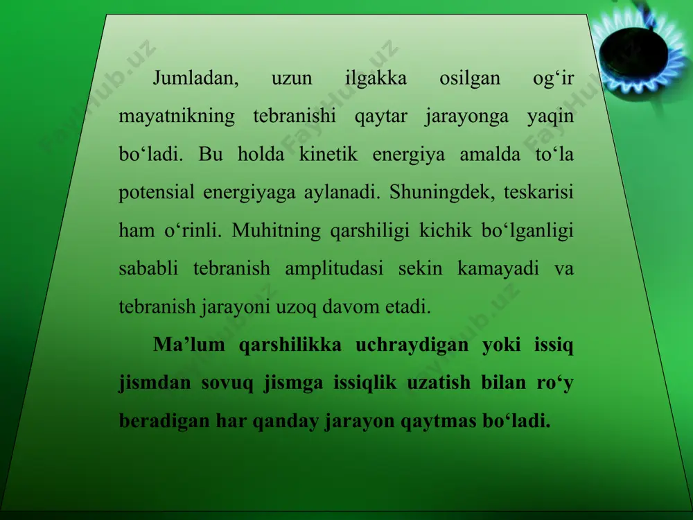 miqdori olinayotgan bo‘lsa, q manfi y ishora bilan olinadi. shuningdek, agar sistema tashqi kuchlarga qarshi ish bajarayotgan bo‘lsa, a ish musbat, tashqi kuchlar sistema ustida ish bajarayotgan bo‘lsa, a ish manfi y bo‘ladi. termodinamikaning birinchi qonuni birinchi tur abadiy dvigatel (lotincha “perpetuum mobile”) yasash mumkin emasligini ko‘rsatadi. birinchi tur “perpetuum mobile”ga asosan teng miqdorda energiya sarfl amasdan ish bajara oladigan mashina qurish haqida fi kr yuritiladi. energiyaning saqlanish va aylanish qonuni bo‘lgan termodinamikaning birinchi qonunida esa tabiatda ro‘y beradigan barcha jarayonlarda energiya o‘z-o‘zidan paydo bo‘lmaydi va yo‘qolmaydi, faqat bir ko‘rinishdan boshqasiga aylanishi mumkin, deb qayd etiladi. termodinamikaning birinchi qonuni quyidagicha ham ta’riflanadi: sistema bir holatdan ikkinchi holatga o‘tganda ichki energiyaning o‘zgarishi tashqi kuchlarning ishi (a') va sistemaga berilgan issiqlik miqdori (q) ning yig‘indisiga teng: δu = q + a'. (6.2) termodinamikaning birinchi qonuni energiyaning saqlanish va aylanish qonunini ifodalasa-da, termodinamik jarayonning ro‘y berish yo‘nalishini ko‘rsata olmaydi. misol uchun birinchi qonun, …