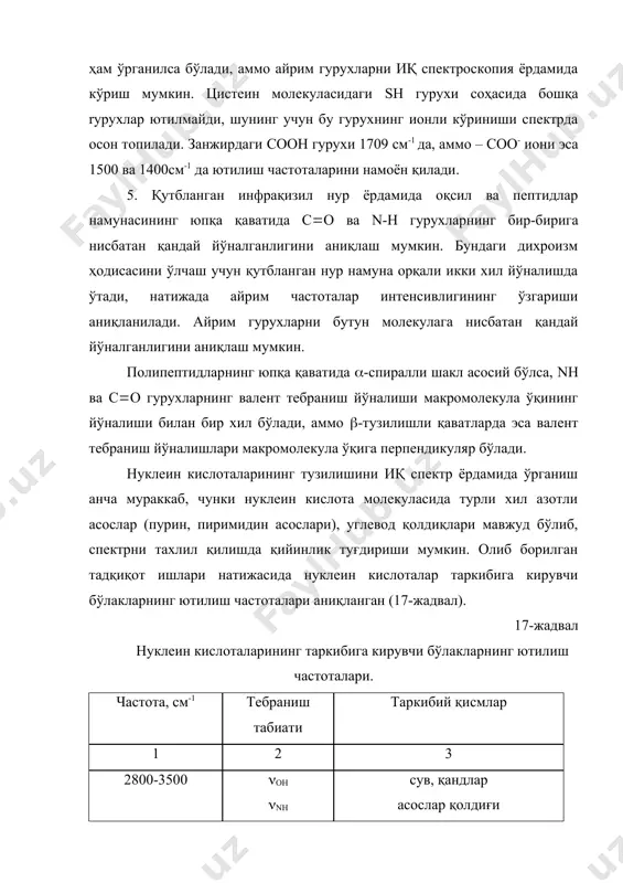 лада таутомер шакллар борлигини аниқлаш. фараз қилайлик, молекулада окси- гурухи бор, аммо иқ спектрда карбонил гурухи ҳам намоён бўлади, бу ҳодиса таутомерия борлигини кўрсатади. агар шу молекула макромолекула таркибида бўлса, окси- ва карбонил rypyхиra тегишли бўлган частоталарнинг нисбий интенсивликларини аниқлаш мумкин, аммо макромолекулада айрим ҳолатларда бири йўқолиб кетиши мумкин. бу маълумотлар орқали полимер таркибидаги мономер бўлагининг кимёвий тузилишини билиш мумкин. 2. нуклеин кислоталарнинг кичик молекулали лигандлар билан таъсирини аниқлаш мумкин. 3. трнк даги аденин—урацил жуфтлик миқдорини, гуанин—цитозин жуфтлигига нисбатан аниқлаш мумкин. иккала жуфтликдаги асосларнинг ютилиш қийматлари турлича соҳаларда намоён бўлади. 4. пурин ва пиримидин асослари ўртасидаги водород боғларининг табиатини ўрганиш мумкин. бунинг учун моделли бирикмаларнинг водород боғларини инерт ва қутбли эритувчиларда спектри ўрганилади. эритувчиларнинг ичида энг аниқ маьлумот берадигани тўрт хлорли углерод ҳисобланади, чунки ушбу эритувчи бирикмага кам таъсир этади, айрим ҳолларда дейтерохлороформни ҳам ишлатиш мумкин. шундай қилиб, уб-, обд-, ад- ва иқ-спектр услубларини биргаликда ишлатиш биополимерлар молекуласига тегишли бўлган …