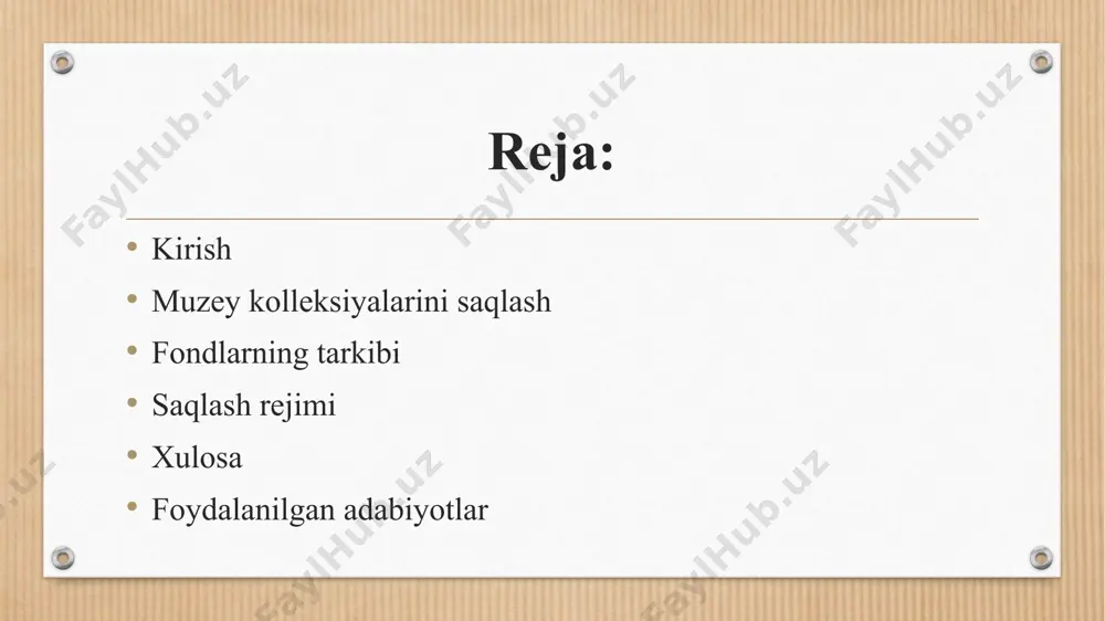 ki ko'rsatmalar yaratadilar. saqlash rejimi saqlash rejimi - harorat va namlik sharoitlarining o'lchovlari to'plami; havoni ifloslantiruvchi moddalardan himoya qilish choralari; biologik, mexanik shikastlanish; muzey ashyolari va ilmiy yordamchi materiallar saqlanadigan yoki ko'rgazmaga qo'yilgan binolarda muzeyda harorat va namlik rejimini yaratish va saqlash muhimdir. harorat va namlik ularning tabiiy qarishini iloji boricha kechiktiradigan darajada o'rnatilishi kerak. optimal harorat va namlik rejimini yaratish 1. konditsioner harorat va namlik sharoitlarini saqlashning eng samarali usuli hisoblanadi. konditsionerlar yordamida ma'lum ko'rsatkichlarga namlangan yoki namlangan, isitiladigan yoki sovutilgan havo beriladi. 2. shamollatish - harorat va namlik sharoitlarini tartibga solishning umumiy vositasi, havo namligini pasaytiradi. u quruq kunlarda xonaning tashqi va ichki qismiga yaqin haroratlarda amalga oshiriladi. shamollatish vaqtida haroratning o'zgarishi + 2 ° c dan oshmasligi kerak. 3. mavsumiy tebranishlarni kamaytirish uchun isitish tizimidan foydalanish : buning uchun isitish kuzning boshida yoqiladi, kech bahorda o'chiriladi. namlik ko'tarilganda, isitish kuchayadi. 4. past namlikda namlagichlardan foydalanish : katta …