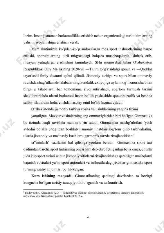 asosi deb dushmanni maglub etishga intilishga boglamasdan, fakat organizmni rivojlantirishga yo’naltirilishi hisoblanardi. gimnastik mashgulotlarining keyingi davrlarda rivojlanishi, maxsus gimnastik snaryadlarnning ko’llanilishi bilan boglik.[footnoteref:3] [3: eshtayeva.k. gimnastika.o’quv uslubiy qo’llanma.t- 2015. 124 bet] xviii-xix asrlarda pedagogik va gigienik gimnastikaning rivojlanishiga mashhur pedagoglar j.russo va pestalotsining ta’siri bo’ldi. inson tanasini chiniktirish va mustahkamlash, uning kuchini va imkoniyatlarini rivojlantirishning birinchi omili va sharti. u mazkur mashgulotlar bilan tanani chiniktirish orkali insonni xayotga tayyorlaydi, aklan rivojlantiradi va sogligini mustahkamlaydi. pestalotstsi eng yaxshi mashgulot deb bo’ginlar harakatlantirishini e’tirof etgan. bo’ginlar gimnastikasini har xil harakatchan o’yinlar va mehnat bilan to’ldirgan. pestalotstsi gimnastika nazariyasi va usullarining asoschisi deb hisoblanadi. pestalotstsi gimnastika nazariyasi va usullarining asoschisi deb hisoblanadi. xviii asrning ikkinchi yarmida germaniyada, fit va guis mut’ boshchiligida gimnastikaning yangi tizimi tashkil etildi. ular snaryadlarda gimnastik mashgulotlarni o’tkazish texnikasi, ushbu texnika asosida o’rgatish, tarbiya etishni ishlab chikishdi. chuts muts o’zining nazariyasida snaryadlarda harakatlanish va 7 mashgulotlarni guruh bo’lib bitta …