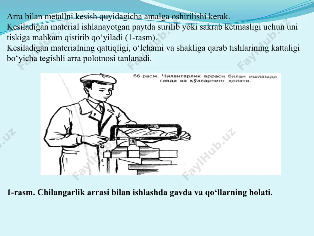 ustaqil ravishda qaror qabul qilish ko‘nikmalarini egallash. servis xizmati yo‘nalishida: oziq-ovqat mahsulotlariga birlamchi ishlov berish usullari, oziq-ovqat mahsulotlari bilan ishlaganda foydalaniladigan jihozlar, asbob-uskunalar va moslamalardan foydalanish tartibi o‘rgatiladi. gazlamalarga ishlov berishda qo‘l ishlari haqida ma’lumot, foydalaniladigan asbob va moslamalar, ulardan foydalanish tartibi, sanitariya gigiena va texnika xavfsizlik talablarini o‘rgatiladi. gazlamaga ishlov berish texnologiyasi. mehnat ta’limida materialshunoslik bo‘limining mazmuni. texnologiya va dizayn yo‘nalishida: asbob-uskunalar va ularni ishlatishni o‘rganish bo‘limiga 24 soat ajratilgan bo‘lib, o‘quvchilarga metallga, yog‘ochga, gazlamaga va oziq ovqat mahsulotlariga ishlov berishda foydalaniladigan asbob-uskunalarning turlari, ulardan foydalanish texnika xavfsizligi va sanitariya gigiena talablari, o‘lchash va rejalash asboblaridan foydalanish tartibi o‘rgatiladi.. rejalash, yo‘nish, arralash, teshish, pardozlash ishlari va bu ishlarni bajarishda ishlatiladigan qo‘l va elektr asboblarining tuzilishi haqida ma’lumotga ega bo‘ladilar. mashina, mexanizm, stanoklar bo‘limiga har bir yo‘nalishlarda 5-7 sinflarda 6 soatdan ajratilgana bo‘lib unda yo‘nalishlar bo‘yicha ishlatiladigan mashinalar va jixozlarning turlari, ishlash prinsiplari, asosiy mexanizmlari haqida ma’lumotga ega bo‘ladilar. texnologiya …