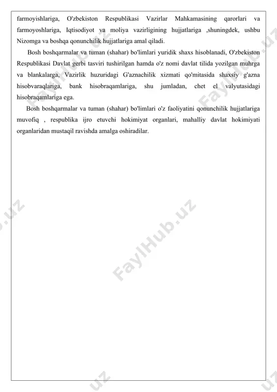 el valyutasidagi hisobraqamlariga ega. bosh boshqarmalar va tuman (shahar) bo'limlari o'z faoliyatini qonunchilik hujjatlariga muvofiq , respublika ijro etuvchi hokimiyat organlari, mahalliy davlat hokimiyati organlaridan mustaqil ravishda amalga oshiradilar. 2. samarqand viloyati samarqand shahar iqtisodiyot va moliya bo'limi" ning iqtisodiy tavsifi hamda tashkiliy tuzilmasi bilan tanishish. amaliyot rahbarim bilan birga ilmiy amaliyotimning maqsadi, vazifalari va ish rejalarini belgilab olganimizdan sung u kishi bilan amaliyot ish rejasiga muvofiq dastlab “samarqand shahar iqtisodiyot va moliya bo'limi” ning tashkiliy tuzilishi bilan tanishtirdilar. hisobotimning 2-ilovasida “samarqand shahar iqtisodiyot va moliya bo'limi” ning tashkiliy tuzilmasi keltirilgan. viloyatlar va toshkent shahri hokimliklari bosh moliyaviy boshqarmalarining namunaviy tuzilmasi: · bosh boshqarma boshlig'i · bosh boshqarma boshlig'ining birinchi o'rinbosari · bosh boshqarma boshlig'i o'rinbosari · budjet ijrosi hisobi va hisoboti hamda budjet tashkilotlarida hisobni monitoring qilish bo'limi · mahalliy budjetlarni shakllantirish va daromadlar prognozi bo'limi · kommunal va yo'l xo'jaligini rivojlantirish, obodonlashtirish va narxlarni belgilash chora-tadbirlarini moliyaviy jihatdan …
