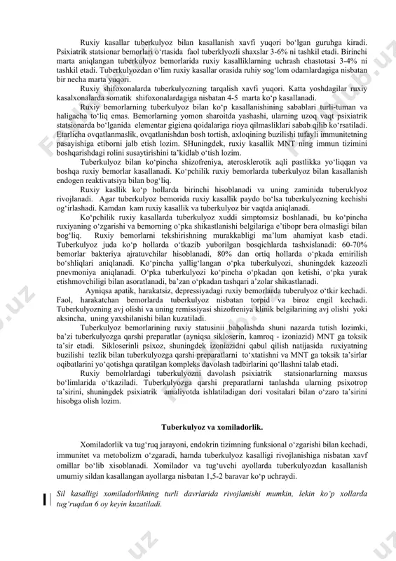 ydigan bemorlarda tuberkulyozning turli shakllari uchraydi.lekin ko‘p hollarda boshqa guruh bemorlarga nisbatan fibroz-kavernali tuberkulyoz ko‘proq aniqlanadi. alkogolizm 3-bosqichidagi bemorlarda ko‘p hollarda kazeozli pnevmoniya aniqlanadi. tuberkulyozning klinik kechishiga ko‘pincha alkogolizmga qo‘shilib keluvchi oshqozon-ichak trakti, yurak, qon-tomir tizimi, bosh miya va periferik nervlar patologiyalari ta’sir qiladi. surunkali alkogolizm tuberkulyoz bilan asoratlanganida ko‘pincha ichishga berilish, alkogolli psixoz bilan og‘ir kechadi. tuberkulyoz va alkogolizm bilan kasallangan bemorlar balg‘ami tekshirilganda odatda mbt topiladi. o‘pkaning rentgenologik ko‘rinishi boshqa tuberkulyoz bemorlarinikidan farq qilmaydi. alkogolizm bilan kasallangan bemorlar ko‘pincha davolanish tartibini buzishadi, shuning uchun tuberkulyozga va alkogolga qarshi preparatlarni perenteral yuborish maqsadga muvofiq. alkogolizm 3- bosqichida mnt ga nojo‘ya ta’sir ko‘rsatuvchi preparatlarni qo‘llash mumkin emas. tuberkulyoz va alkogolizm bilan kasallangan bemorlar katta epidemik xavf tug‘dirgani, shuningdek kimyoterapiya o‘tkazishda qiyinchiliklar mavjud bo‘lgani uchun jarrohlik yo‘li bilan davolashga ko‘rsatmalar kengaytirilishi, operatsiyadan oldingi kimyoterapiya muddatlari iloji boricha qisqartirilishi lozim. tuberkulyoz va alkogolizm bilan kasallangan bemorlar statsionar tartibni buzganlarida yoki davolanishdan bo‘yin …