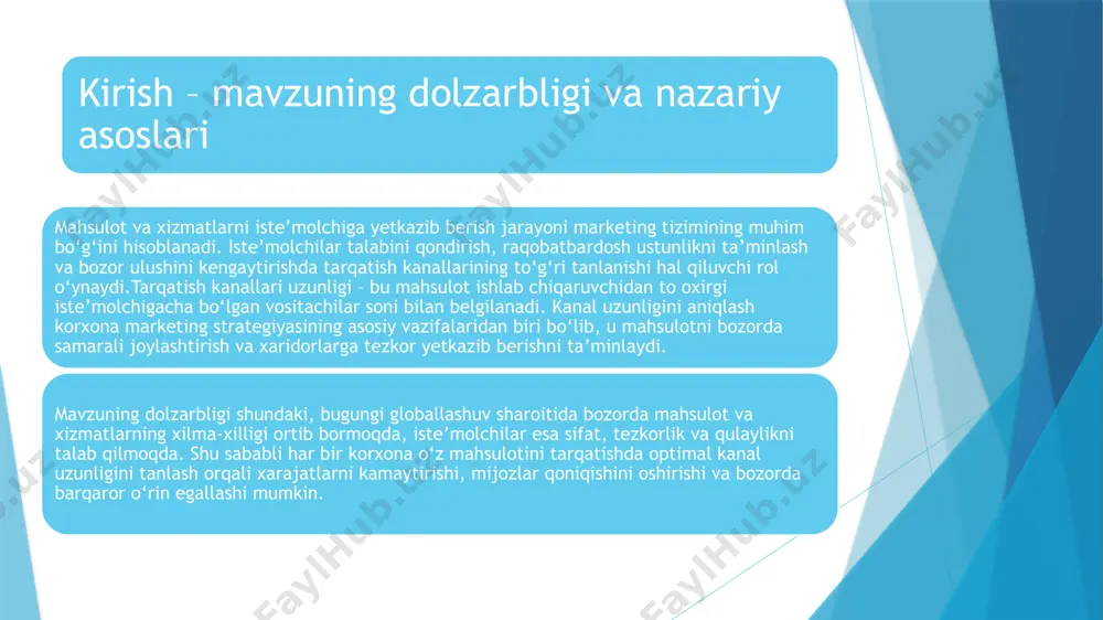 i orqali iste’molchiga yetkaziladi. masalan, non, ichimliklar. tarqatish kanallarining uzunligi va kengligi tushunchasi mahsulot va xizmatlarni bozorga chiqarishda korxona ikki xil asosiy yo‘lni tanlashi mumkin: to‘g‘ridan-to‘g‘ri yoki bilvosita tarqatish kanali. ularning farqlari quyidagicha: 1. to‘g‘ridan-to‘g‘ri tarqatish kanali mahsulot ishlab chiqaruvchidan bevosita iste’molchiga yetkaziladi. vositachilar ishtirok etmaydi. ko‘proq qishloq xo‘jaligi mahsulotlari, xizmatlar va onlayn savdo uchun xosdir. afzalliklari: ishlab chiqaruvchi va iste’molchi o‘rtasida bevosita aloqa. xarajatlarning kamayishi (vositachilarga to‘lov yo‘q). mijozlar bilan aloqani mustahkamlash. kamchiliklari: mahsulotni keng bozorga chiqarish qiyin. tashish, saqlash va reklama xarajatlari ishlab chiqaruvchining zimmasida bo‘ladi. 2. bilvosita tarqatish kanali mahsulot ishlab chiqaruvchidan iste’molchiga vositachilar orqali yetkaziladi. ulgurji savdogar, chakana savdogar yoki distribyutorlar ishtirok etadi. to‘g‘ridan-to‘g‘ri va bilvosita tarqatish kanallari farqlari narx shakllanishiga ta’siri – kanal uzun bo‘lsa, vositachilar soni ko‘payadi va har bir vositachi o‘z foydasini qo‘shgani sababli mahsulot narxi oshadi. qisqa kanal esa narxni nisbatan pastroq saqlaydi. yetkazib berish tezligi – qisqa kanal orqali mahsulot iste’molchiga …