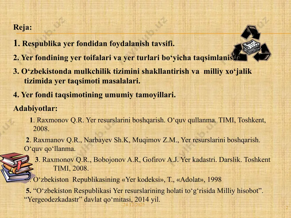 арни ёки умумий ер майдонининг 9,6 фоизини ташкил қилади. ўзбекистон республикаси ер фонди ерлардан фойдаланиш мақсади ва тартибига кўра ўзига хос ҳусусиятларга эга бўлиб, улар ўзбекистон республикаси ер кодексининг 8-моддасига биноан 8 та тоифага бўлинади. ўзбекистон ер фондининг тавсифланиши ва ундан фойдаланиш даражаси 5 минг га. ҳисобида rеspublika yer fondining tarmoqlararo va tarmoq ichidagi taqsimoti т/р ер фондининг тоифалари умумий ер майдон шу жумладан, суғориладиган ерлар жами фоиз ҳисобида жами фоиз ҳисобида 1 қишлоқ хўжалигига мўлжалланган ерлар 24057,1 53,59 4214,3 9,39 2 аҳоли пунктларининг ерлари 223,5 0,50 51,8 0,12 3 саноат, транспорт, алоқа, мудофаа ва бошқа мақсадларга мўлжалланган ерлар ерлар 876,3 1,95 12,6 0,03 4 табиатни муҳофаза қилиш, соғломлаштириш ва рекреация мақсадларига мўлжалланган ерлар 728,4 1,62 0,6 0,001 5 тарихий-маданий аҳамиятга молик ерлар 14,7 0,03 6 ўрмон фонди ерлари 12021,4 26,78 45,4 0,10 7 сув фонди ерлари 827 1,84 4,7 0,01 8 заҳира ерлар 6144 13,69 2,3 0,005 жами ерлар: …