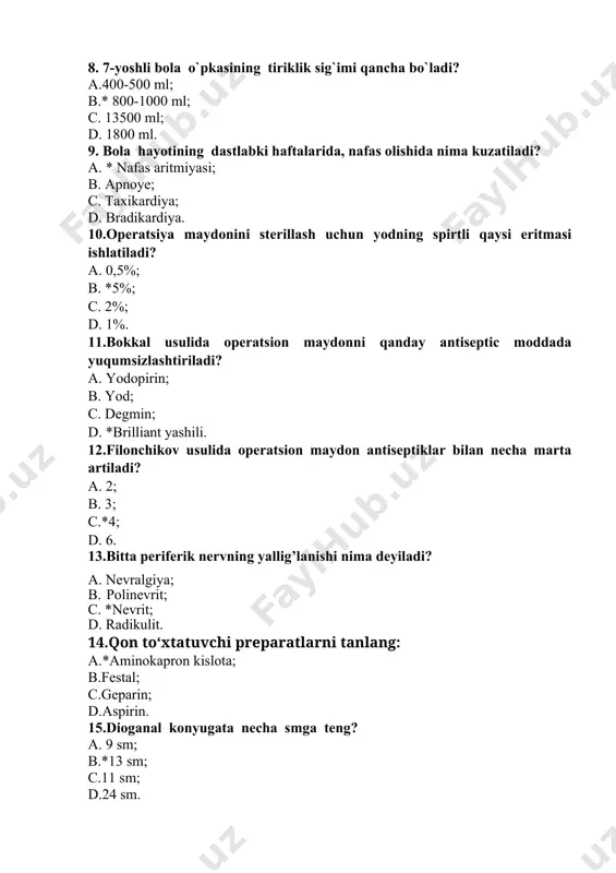 hi nima deyiladi? a. nevralgiya; b. polinevrit; c. *nevrit; d. radikulit. 14.qon to‘xtatuvchi preparatlarni tanlang: a.*aminokapron kislota; b.festal; c.geparin; d.aspirin. 15.dioganal konyugata necha smga teng? a. 9 sm; b.*13 sm; c.11 sm; d.24 sm. 16.hamshira ruhiy bemorga dori berganda qanday yo’l tutishi kerak? a.*dorini ichib bo’lmaguncha bemor yonidan ketmasligi kerak; b.bemor stoliga dorini tashlab ketshi kerak; c.dorini bemor qo’liga berib ishini davom ettirishi kerak; d.dorini bemor yaqinlari orqali berishi kerak. 17.terida ichida tiniq suyuqlik ushlovchi toshma qanday ataladi? a. *vezikula; b. pustula; c. eritema; d. papula. 18.deontologiya so’zining ma’nosi? a.mohirlik; b.*mahorat; c. faoliyat; d. jarayon. 19.ko’z ichki bosimi kamaysa ko’z....... a.*yumshoq bo’ladi; b.o’zgarmaydi; c.og’riqli bo’ladi; b.qattiq bo’ladi. 20.qo'tir qaysi kasallik bilan taqqoslanadi? a.*ekzema; b.eshakyem; c.qizil yassi temiratki; b.neyrodermit. kasbiy-amaliy imtihon savollari. 1.qariyalarda gipoglikemik komada shoshilinch yordam korsatish qaysi javobda to’g’ri kursatilgan a. insulin-50 tb tomir ichiga 0,9% -20 ml fiziologik eritma qushib beriladi. insulin 50tb teri ostiga; keyinchalik xushsizlik xolati …