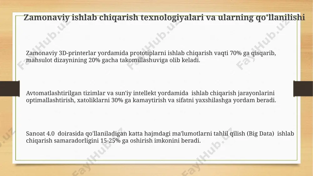 i va statistik usullarni qo'llash, xatoliklarni 15% gacha kamaytirib, ishlab chiqarish jarayonini yanada aniqroq rejalashtirish imkonini beradi. ishlab chiqarish jarayonida resurslarni samarali boshqarish uchun 5 dan ortiq xom ashyo yetkazib beruvchilar bilan shartnomalar tuzish va zaxira yaratish tavsiya etiladi, bu xarajatlarni 10% ga kamaytirishga yordam beradi. zamonaviy erp tizimlari ishlab chiqarish resurslarini boshqarish samaradorligini 20-30% ga oshirishi va material oqimini optimallashtirishga yordam berishi mumkin, bu esa chiqindilarni kamaytiradi. e'tiboringiz uchun rahmat @taqdimot_robot image3.png image4.png