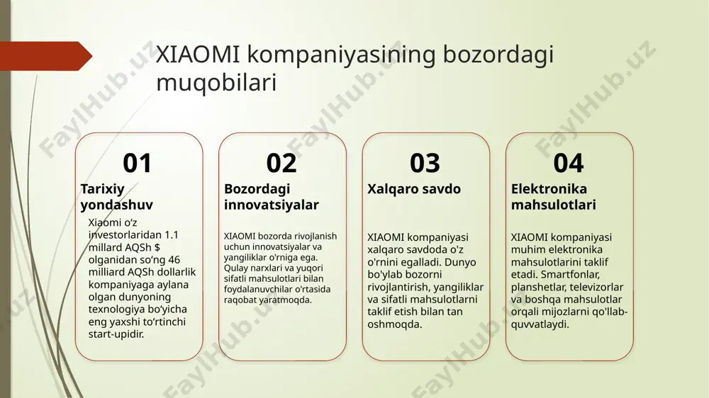 . bu, xalqaro savdoda muvaffaqiyatli ishtirokini ta'kidlaydi. 15 xiaomi kompaniyasining xalqaro bozor chegaralari xiaomi korxonasi xalqaro bozor chegaralariga o'zining global strategiyasi bo'yicha qiziqish ko'rsatadi. ular o'zlarini bir nechta mamlakatda muvaffaqiyatli shakllarda joylashtirish orqali global miqyosdagi bozorni kengaytirishga diqqat qaratishadi. xiaomi mahsulotlari, masalan, smartfonlar, smart-watch, smart-home vositalari kabi innovatsion mahsulotlari global bozorda keng tarqalgan. ular, shunchaki, amazon, ebay, aliexpress kabi xalqaro onlayn savdo platformalarida ham muvaffaqiyatli sotilmoqda. bu ulkan global bozor chegaralari, xiaomi kompaniyasiga o'z innovatsion mahsulotlarini dunyo bozorida keng tarqatish va mijozlarga tez yetkazish imkoniyatini beradi. xiaomi kompaniyasining xalqaro xizmatlarining tahlili 1 xavfsizlik - korxonaning mahsulotlari va onlayn platformalari xavfsizlikni muhofaza qilishga diqqat beradi. foydalanuvchilar uchun xavfsizlik ta'minoti va maxfiylik muhimdir. 2 bozor va chegirmalar - xiaomi, chegirmalarni va bozorlash strategiyalarini juda muhim hisoblashadi. ular chegirmalardan foydalanish va mijozlarga narxlarni arzonlashtirish orqali bozorni o'zlarining o'rnini saqlashga harakat qilishadi. 3 xalqaro kengaytirish - xiaomi, xalqaro bozorlarda kengaytirish va mahsulotlarini dunyo miqyosida …