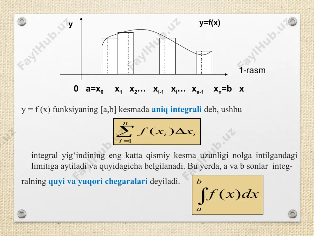 dx - = ò ()() fxfx -= 0 ()2(). aa a fxdxfxdx - = òò ) ( ) ( ) ( ) ( a f b f a b x f dx x f b a - = = ò dt t t f dx x f b a ) ( )) ( ( ) ( ' ò ò = b a j j ( ) xt f = ( ) ( ) , ab jajb == 3 6 sin cos x xedx p p ò sin xt = 13 cos,, 6232 dtxdxxtxt pp ==þ==þ= 3 3 2 3 3 1 2 22 1 2 1 62 sin cos. xtt xedxedteee p p ===- òò ò ò - i = b a b a x du x v x v x u x dv x u ) ( ) ( ) ( ) ( ) ( ) ( b a …