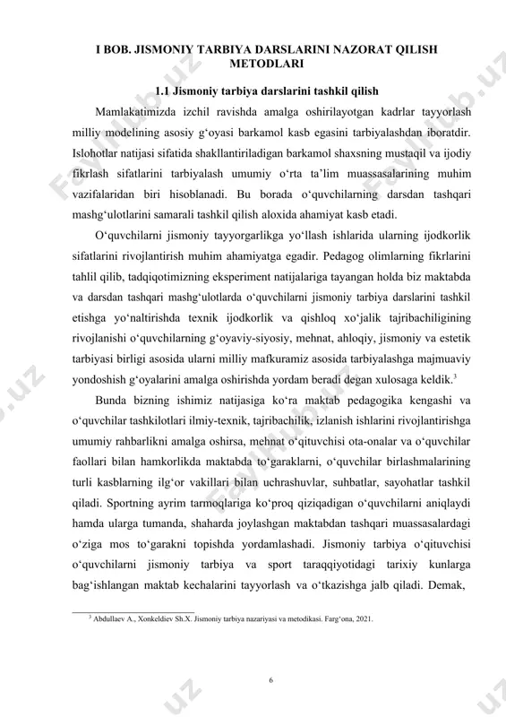 yondoshish g‘oyalarini amalga oshirishda yordam beradi degan xulosaga keldik.3 bunda bizning ishimiz natijasiga ko‘ra maktab pedagogika kengashi va o‘quvchilar tashkilotlari ilmiy-texnik, tajribachilik, izlanish ishlarini rivojlantirishga umumiy rahbarlikni amalga oshirsa, mehnat o‘qituvchisi ota-onalar va o‘quvchilar faollari bilan hamkorlikda maktabda to‘garaklarni, o‘quvchilar birlashmalarining turli kasblarning ilg‘or vakillari bilan uchrashuvlar, suhbatlar, sayohatlar tashkil qiladi. sportning ayrim tarmoqlariga ko‘proq qiziqadigan o‘quvchilarni aniqlaydi hamda ularga tumanda, shaharda joylashgan maktabdan tashqari muassasalardagi o‘ziga mos to‘garakni topishda yordamlashadi. jismoniy tarbiya o‘qituvchisi o‘quvchilarni jismoniy tarbiya va sport taraqqiyotidagi tarixiy kunlarga bag‘ishlangan maktab kechalarini tayyorlash va o‘tkazishga jalb qiladi. demak, 3 abdullaev a., xonkeldiev sh.x. jismoniy tarbiya nazariyasi va metodikasi. farg‘ona, 2021. tadqiqot natijalari shuni ko‘rsatadiki o‘quvchilarni dars mashg‘ulotlari va darsdan tashqari vaqtlarida jismoniy tarbiya darslarini tashkil etishga yo‘llash ishlarini uyushtirishda jismoniy tarbiya o‘qituvchisi asosiy bo‘g‘in hisoblanadi. albatta, u o‘z faoliyatini dastlab ta’lim standartlari asosida olib borishi talab etiladi. zero, jismoniy tarbiyaning vazifalari davlat ta’lim standartlari (dts) va o‘quv …