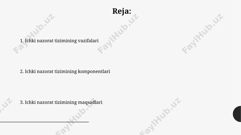 , kompaniyaning uzoq muddatli barqarorligini va raqobatbardoshligini ta'minlaydi. ichki audit korxona faoliyatining 30% gacha bo'lgan xarajatlarini tejashga yordam beradi, shuningdek, operatsion samaradorlikni 15% ga oshirish imkoniyatini beradi. xodimlar javobgarligini oshirish xodimlarni rag'batlantirish dasturlari, masalan, 10% gacha bonuslar, ularning ishlash samaradorligini oshiradi va ichki nazorat talablariga rioya qilishni kuchaytiradi. xodimlar o'z vazifalarini 90% dan yuqori darajada bajarishga mas'ul bo'lib, bu ichki nazorat tizimi samaradorligini oshiradi va xatolar sonini 20% ga kamaytiradi. moliyaviy hisobotning ishonchliligini ta'minlash ichki nazoratning samarali ishlashi natijasida moliyaviy hisobotlarning xatolik va firibgarlik darajasi 5% dan kam bo'lishiga erishiladi, bu investorlar va kredit beruvchilarning ishonchini oshiradi. moliyaviy hisobotning to'g'riligi va ishonchliligi 99% ga yaqin bo'lishi uchun ichki nazorat tizimi 3 ta asosiy komponentni: aktivlarni himoya qilish, operatsiyalarni samaradorligini ta'minlash va moliyaviy ma'lumotlarning aniqligini tekshirishni o'z ichiga olishi kerak. korxona faoliyatining samaradorligini baholash korxonaning samaradorligini baholashda, 20% rentabellik ko'rsatkichi va 15% bozor ulushi o'sishi maqsadli ko'rsatkichlar sifatida belgilangan bo'lib, bu …