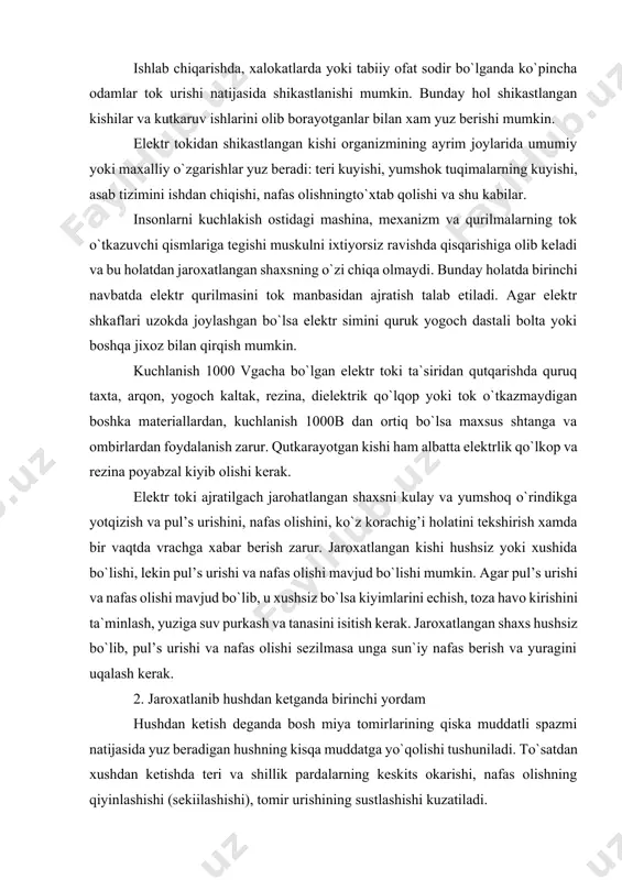 yuragini uqalash kerak. 2. jaroxatlanib hushdan ketganda birinchi yordam hushdan ketish deganda bosh miya tomirlarining qiska muddatli spazmi natijasida yuz beradigan hushning kisqa muddatga yo`qolishi tushuniladi. to`satdan xushdan ketishda teri va shillik pardalarning keskits okarishi, nafas olishning qiyinlashishi (sekiilashishi), tomir urishining sustlashishi kuzatiladi. birinchi navbatda xushdan ketish sababini bartaraf qilish lozim. shikastlangan kishi boshini pastga, osklarini esa balandroq qilib yotkiziladi. bemorga novshadil spirt xidlatiladi. ogir hollarda sun`iy nafas oldiriladi. novshadil spirt o`rniga ovqatga ko`shiladigan sirka yoki kesilgan piyozni xidlatish xam mumkin. yuqorida keltirilgandk, jaroxatlanishlar asoratida inson orgaiizmi eng og’ir ahvolga tushib qolishi mumkin. bunday holatlarda nafasining va ba`zan yurak faoliyatining ham to`xtashi kuzatiladi, lekin hayot xali so`nmagan va xayot faoliyatini to`la tiklash imkoniyati bo`ladi. biroz muddatdan keyin (5-6 minut) klinik o`lim biologik o`limga o`tishi mumkin. ana shu muddatda shikastlangan kishiga zudlik bilan yordam berish (tiriltirish) shu ishni amalga oshiruvchi odamdan tajriba, tez va puxta ishlashni talab qiladigan murakkab va hal …