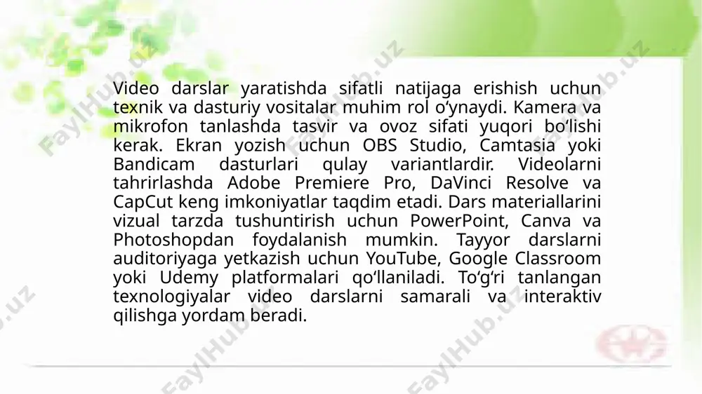 uzilishi va sifatini yaxshilash videoning ritmini saqlash, har bir kadrni to‘g‘ri joylashtirish va kadrlar orasidagi o'tishlarni silliq qilish muhim tashqi ovozlar yoki musiqa qo‘shish, rang va kontrastni yaxshilash videoning sifatini oshiradi. yakuniy tekshirish va saqlash videoning yakuniy versiyasini tekshirib chiqib, kerakli formatda saqlash lozim keyin uni platformaga joylashtirish uchun tayyorlash mumkin. 4. video darslarni tarqatish va baholash. video darslarni tarqatish: video darslarni tarqatishning eng yaxshi usuli onlayn platformalar orqali amalga oshiriladi. masalan, youtube, vimeo, yoki o‘z veb-saytlarida joylashtirish mumkin. shu bilan birga, video darslarni ijtimoiy tarmoqlar, elektron pochta yoki ma’lum guruhlar orqali ham tarqatish mumkin. video darslar tarqatiladigan joyda o‘quvchilar uchun ularga qulay bo‘lgan vaqt va joyda kirish imkoniyatini yaratish muhim. baholash: baholash video darslarning samaradorligini o‘lchashga yordam beradi. o‘quvchilarni baholashda ularning darsdan olingan bilimlarini, qobiliyatlarini va amaliy ko‘nikmalarini tekshirish mumkin. bu uchun video darslarni tomosha qilgan o‘quvchilarga testlar yoki so‘rovlar o‘tkazish mumkin. shuningdek, o‘quvchilarni videodagi ma’lumotlar asosida amaliy ishlar …