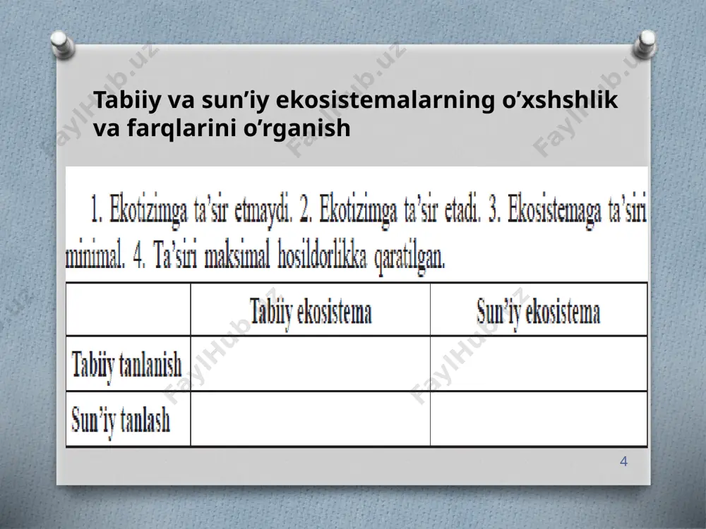 g kattaligi tirik organizmlarning hayotini cheklovchi omil sanaladi. har 100 m chuqurlikda harorat +3°с ga ortadi. chuqurlik ortgan sari harorat ko‘tarilib boradi va +100°c da suv bug‘ga aylanadi. shuning uchun litosferada tirik organizmlar tarqalishining quyi chegarasi uch kilometr chuqurlikda, harorat +100°c ga yetgan joy bilan belgilanadi. litosferaning yuqori qatlamida tuproq hosil bo‘ladi. litosferadagi tirik organizmlarning ko‘pchiligi aynan tuproqda yashaydi. shunday qilib, tirik organizmlarning ancha qismi atmosfera va litosfera, atmosfera va gidrosfera chegaralarida yashab, sayyoramizning «hayot qobig‘i»ni hosil qiladi. uyga vazifa: o’tilgan mavzuni mustaqil o’qib-o’rganish. daftaringizga atamalarning ma’nosini yozib oling 139-betdagi mustaqil bajarish uchun topshiriqlarni bajarish e’tiboringiz uchun rahmat image13.png image14.png image15.jpeg image16.png image17.png image18.png image11.jpeg image12.png image19.jpeg image20.jpeg image21.jpeg image22.jpeg image23.jpg image24.jpeg image25.png image26.jpeg image27.jpeg image28.jpeg image29.jpeg image30.jpeg image31.jpeg image32.jpeg image33.png image34.png image35.png image1.jpeg image5.jpeg /docprops/thumbnail.jpeg