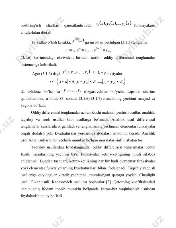 lamida (3.1.1)-(3.1.2) yoki (3.1.6)-(3.1.7) masalalarning xususiy yechimlarining taqribiy (va bazzan aniq) qiymatlarini hisoblash uchun mo’ljallangan. va natijada, izlanayotgan yechim jadval ko'rinishida olinadi. demak, tugunlarda (3.1.1)-(3.1.2) masalaning taqribiy yechimi ning qiymatlarini topish talab qilinsin. (3.1.1)-(3.1.2) masalani yechishning sonli usullarining aksariyati [3] shaklida ifodalanishi mumkin: bu erda f ko'rsatilgan argumentlarning ba'zi funksiyalari bo'lib, u tanlangan usul, tenglama shakli (3.1.1) va tuzilgan panjara bilan aniqlanadi. ta'rif 1. bo'lganda sonli usullar bir bosqichli, yoki bo'lganda esa ko'p bosqichli deyiladi . bir bosqichli usullar bo'lganda oshkor, bo'lganda oshkormas deyiladi. ko‘p bosqichli usullar da oldinga qarash deyiladi . ushbu turdagi usullarga doir misollari va ularni qanday qurish kerakligi bilan biz quyida tanishamiz. sonli usullarni faqat korrekt qo'yilgan masalalarda qo'llanilishi mumkin. biroq, korrektlik shartlarining formal bajarilishi sonli usullardan foydalanish uchun yetarli bo'lmasligi mumkin. masala kiritilgan ma'lumotlarga nisbatan yaxshi shartli (barqaror) bo'lishi kerak. agar bu shart e'tiborga olinmasa, unda boshlang'ich shartlardagi kichik o'zgarishlar yoki sonli usullardagi kichik xatoliklar …