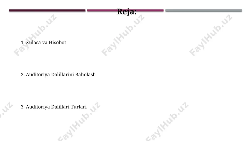 anlangan namunalarni batafsil tekshirish, amalga oshirilishi zarur. qo'shma shtatlar standartlariga muvofiq, tahliliy mulohaza jarayonida kamida 3 ta mustaqil ma'lumot manbai ishlatilishi va kamida 2 nafar auditordan iborat jamoa tomonidan tekshirilishi kerak. auditoriya dalillarining huquqiy asoslari аудиторлик текширувларида фойдаланиладиган далилларнинг ишончлилиги ва асослилиги ўзбекистон республикасининг фуқаролик кодекси ва халқаро аудиторлик стандартлари (isa) билан белгиланади, масалан, 300-сонли стандарт. тошкент шаҳридаги бир қанча компанияларда ўтказилган текширувлар кўрсатдики, 50% дан ортиқ ҳолатда давлат органларининг расмий маълумотлари аудиторлик далили сифатида асосий рол ўйнайди. og'zaki dalillar oʻzbekistonning 2023 yilgi davlat auditorlik tekshiruvi hisobotlarida ogʻzaki dalillar sifatida 50 dan ortiq guvohning bayonnomalari qayd etilgan boʻlib, ularning aksariyati toshkent shahrida joylashgan korxonalarga tegishli. ogʻzaki dalillar sifatida olingan ma'lumotlarning 15 foizi keyinchalik qoʻshimcha tekshiruvlar natijasida tasdiqlanmagan, bu esa auditorlik jarayonida ogʻzaki dalillarga haddan tashqari tayanmaslik zarurligini koʻrsatadi. kuzatuv dalillari toshkent shahrida joylashgan "a" mchjning 2023-yilgi moliyaviy hisobotlarini tekshirishda, kuzatuv dalillarining 80% elektron shaklda taqdim etilganligi va ularning xavfsizligi va …