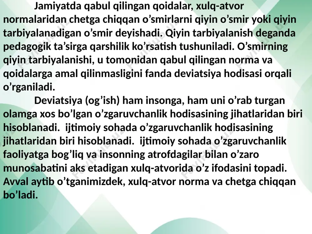 biroq ijtimoiy xavf darajasiga ko’ra jinoiy javobgarlikni keltirib chiqarmaydigan muayyan harakatlar majmuasiga aylanadi. delikvent xulq-atvorning quyidagi turlari mavjud: -agressiv xulq-atvor, bunga haqoratlash, sadistik harakatlar, o’t qo’yish kabilar kiradi; - g’arazli xulq-atvor: kichik o’g’riliklar, ta’magirlik, avtoulovlarni olib qochish va moddiy daromad olish maqsadidagi boshqa mulkiy tajovuzlar; -giyohvand moddalarni yetishtirish va tarqatish. delikvent xulq-atvor nafaqat tashqi jihatdan, balki ichki-shaxsiy xulq-atvorda ham namoyon bo’ladi. ya’ni bunda o’smirda ichki tartibga solish tizimini nazorat qilishni susayishiga olib keluvchi qadriyatlarning o’zgarishi ro’y beradi. jinoiy xatti-harakat jinoiy javobgarlikka tortishga, ma’lum yoshga yetganda jinoiy ish qo’zg’ashga sabab bo’luvchi va jinoyat kodeksining muayyan moddalarida nazarda tutilgan g’ayrihuquqiy hatti-harakatlar hisoblanadi. deviatsiyaning salbiy turlari ijtimoiy potologiya hisoblanadi. bularga aroqxo’rlik, toksikomaniya, giyohvandlik, fohishabozlik, o’z joniga qasd qilish, huquqbuzarlik va jinoyatchilikni kiritsak bo’ladi. ular tizimni barbod etishadi, uning asoslariga putur yetkazishadi va anchagina zarar keltirishadi. o’smirlarning deviant xulq-atvori sabablari me’yordan chetga chiquvchi xulq-atvor murakkab tabiatga ega bo’lib, turli xil omillar bilan izohlanadi. voyaga …