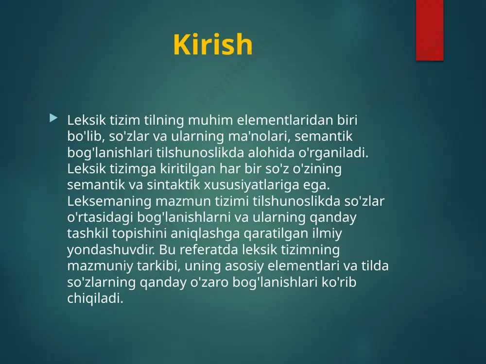 lning asosiy tarkibiy qismi sifatida tilshunoslikda katta ahamiyatga ega. so'zlarning ma'no va bog'lanishlari tilning to'g'ri va aniq ifodalanishini ta'minlaydi. leksik tizimda semantik maydonlar, sinonimlar, antonimlar, polisemantik so'zlar, kolokatsiyalar va frazeologizmlar kabi elementlar muhim o'rin tutadi. tilning rivojlanishi va o'zgarishi bilan yangi leksik birliklar paydo bo'lib, bu tilni yanada boyitadi va zamon bilan uyg'unlashtiradi. shuning uchun leksik tizimni o'rganish nafaqat tilshunoslar, balki tarjimonlar va boshqa til sohasidagi mutaxassislar uchun ham muhimdir. tavsiya etilgan manbalar i. a. serezheva, "leksikologiya", 2020. a. m. nikitina, "semantika va leksikologiya", 2018. s. a. frolova, "tilshunoslikka kirish", 2017. image6.png image7.png image8.png image2.png image3.png image4.png image5.png /docprops/thumbnail.jpeg