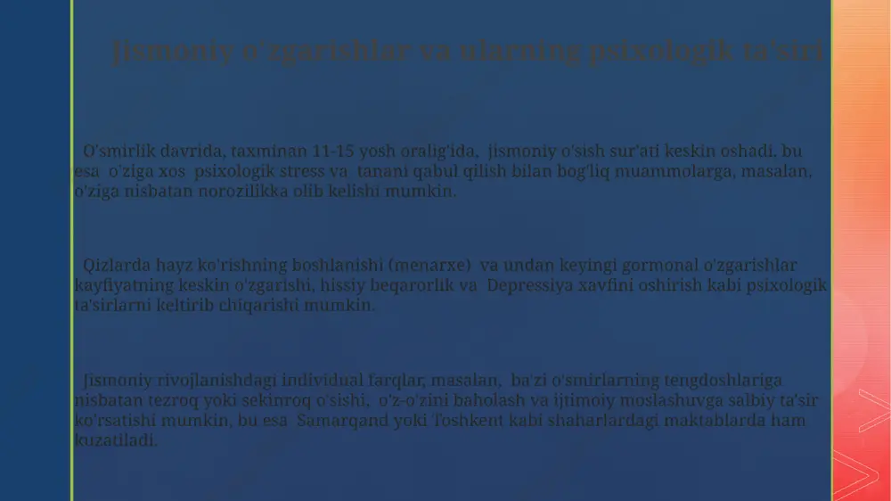 -18 yosh oraligʻida, jismoniy va hissiy oʻzgarishlar bilan bogʻliq boʻlib, 30% oʻsmirlarda oʻziga xos qiyinchiliklarni keltirib chiqaradi. doʻstlik va muhabbat munosabatlarida yuzaga keladigan inqirozlar, 20% hollarda, oilaviy muhit va ta’lim muassasalarining ta’siri bilan bogʻliq boʻlib, toshkentdagi tadqiqotlar buni tasdiqlaydi. oʻsmirlik davrida, taxminan 13-16 yosh oraligʻida, doʻstlik munosabatlari shakllanishi va ijtimoiy qoʻllab-quvvatlash ehtiyoji keskin ortadi, bu samarqand kabi yirik shaharlarda ham kuzatiladi. zararli odatlar va ularning oldini olish o'smirlar orasida giyohvand moddalarni iste'mol qilish, masalan, toshkent shahrida 15-17 yoshdagi o'quvchilar orasida 2% gacha tarqalgan bo'lib, bu oilaviy muhit va tengdoshlar ta'siri bilan bog'liq. erta profilaktika va psixologik yordam muhim. noto'g'ri ovqatlanish va jismoniy faollikning etishmasligi, farg'ona vodiysida 1000 nafar o'smir orasida o'tkazilgan so'rov natijalariga ko'ra, semirish va surunkali kasalliklar xavfini 40% ga oshiradi. to'g'ri ovqatlanish va sport bilan shug'ullanish muhim ahamiyatga ega. internetga haddan tashqari bog'liqlik, o'rtacha kuniga 5 soatdan ortiq vaqt sarflash, samarqand viloyatida o'tkazilgan tadqiqotlarga ko'ra, o'smirlarning 30% da …