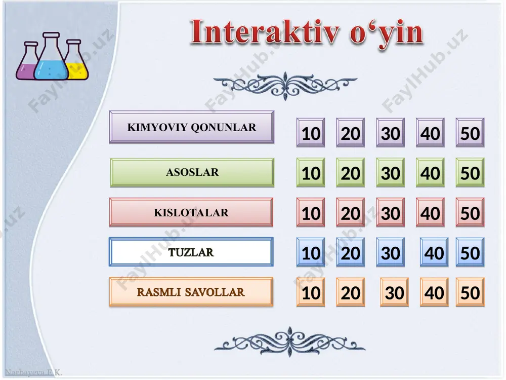2 p2o5 cl2 bir negizli kislotalar hosil qilishi mumkin bo‘lgan moddalarni ko‘rsating: co2, so2, no2, p2o5, cl2, s. kislotalar narbayeva.f.k. * cu + 4hno3(kons.)=cu(no3)2 + 2no2↑+2h2o cu + hno3 (kons.) = … reaksiyani davom ettiring. kislotalar narbayeva.f.k. * suv qaynab ketadi va qaynoq aralashma shisha idishni yorib yuborishi yoki kiyimga, teriga, ko‘zga sachrashi mumkin. kislotaga suv solsa nima kuzatiladi? kislotalar narbayeva.f.k. * ba3(po4)2 bariy ortofosfat ba(oh)2 ba3(po4)2 h3bo3 berilgan moddalar ichidan tuzni toping va nomlang tuzlar narbayeva.f.k. * nacl + h2so4 (kons.) = nahso4 + hcl↑ nacl + h2so4 (kons.) = … yuqoridagi reaksiyada nordon tuz va yangi kislota hosil qiling. tuzlar narbayeva.f.k. * o ̶ h mg br magniy gidroksobromid quyidagi tuzning nomini ayting va grafik tuzilishini tasvirlang: mg(oh)br tuzlar narbayeva.f.k. * 2,8 gramm 5g caco3ni qizdirib necha gramm cao olish mumkin? tuzlar narbayeva.f.k. * 2cu + o2 = 2cuo cuo + h2so4 = cuso4 + h2o cuso4 + …