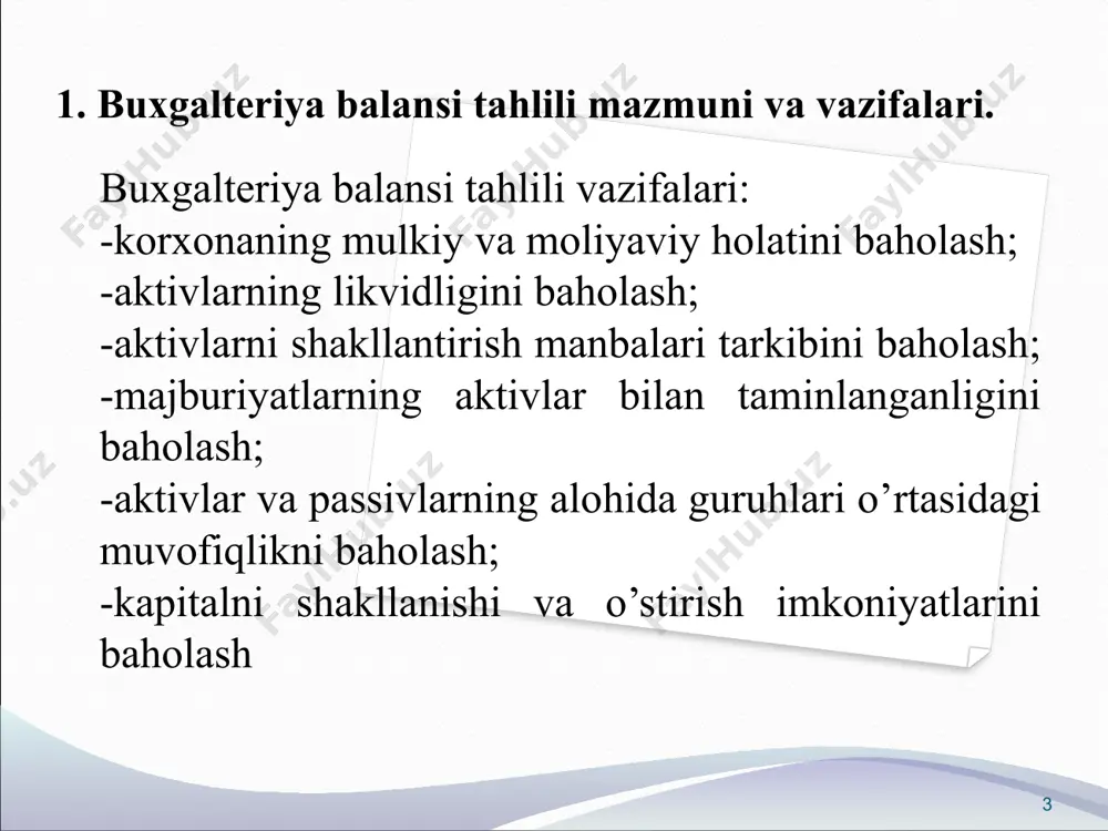 riy aktivlarning jami aktivlar tarkibidagi salmog’i ja/bj*100 satr390/satr400*100 joriy aktivlar tarkibida tmz salmog’i tmz/ja*(ja/bj*100) satr140/satr390*( satr390/satr400*100) joriy aktivlar tarkibida debitorlik majburiyatlari salmog’i dm/ja*(ja/bj*100) satr210/satr390*( satr390/satr400*100) joriy aktivlar tarkibida pul mablag’lari salmog’i pm/ja*(ja/bj*100) satr320/satr390*( satr390/satr400*100) o’z mablag’lar manbasining jami manbalar tarkibidagi salmog’i o’mm/jm*100 satr480/satr780*100 majburiyatlarning jami manbalar tarkibidagi salmog’i m/jm*100 satr770/satr780*100 majburiyatlar tarkibida uzoq muddatli majburiyatlar salmog’i umk/m*(m/jm*100) satr490/satr780* (satr770/satr780*100) majburiyatlar tarkibida joriy majburiyatlar salmog’i jm/m*(m/jm*100) satr600/satr780* (satr770/satr780*100) buxgalteriya balansi moddalari va ularning tarkib bo’yicha nisbiy ifodalari hisob-kitobi mоl-mulkning tarkibi yil bоshiga yil оxiriga o’zgarishi (+,-) summa,ming so’m salmоg’i, % summa,ming so’m salmоg’i, % summa-dagi, ming so’m salmоqdagi, % yil bоshiga nisbatan o’sishi, % 1 2 3 4 5 6=4-2 7=5-3 8=100-6/2*100 1. uzоq muddatli aktivlar 186790 25,99 203491 22,80 +16701 -3,19 +8,94 2. jоriy aktivlar shu jumladan: 531756 74,01 689066 77,20 +157310 +3,19 +29,58 a) tоvar-mоddiy zahiralari, kelgusi davr va muddati kechiktirilgan xarajatlar 470833 65,52 531450 59,54 +60617 -5,98 +12,87 …