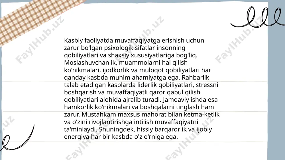 yatlari, qiziqishlari va xulq-atvorlari turlicha bo'ladi. statistik ma'lumotlarga ko'ra, shaxsning qiziqishlari va qobiliyatlari hisobga olinganda, ularning kasbiy muvaffaqiyat darajasi 30-40% ga ortishi mumkin. psixologik tadqiqotlar natijasida aniqlanganidek, 70% odamlar faqat ularga mos keladigan kasblarda yuqori samaradorlikka erishadilar. shuning uchun, kasbiy tanlovda shaxsning individual xususiyatlarini chuqur tahlil qilib, ularning mental xususiyatlarini aniqlash orqali eng mos kasblarni tanlash kerak. bu jarayon kasbiy yo'nalish testlari va konsultatsiyalar yordamida amalga oshiriladi. ... t.me/slaydai_bot ijtimoiy-psixologik muhit, insonning shaxsiy va professional rivojlanishi uchun muhim rol o'ynaydi. mazkur muhit farovonligi, turli tadqiqotlarga ko'ra, xodimlarning motivatsiyasi va produktivligiga 30% gacha ta'sir ko'rsatadi. yaxshi jamoaviy muhit stressni 20% ga kamaytirishi mumkin, bu esa ishtirokchilarning ish qoniqishini oshiradi. ish joyidagi yaxshi ijtimoiy-psixologik muhit mahsuldorlikni 15% oshirishi mumkinligi aniqlangan. shuningdek, birgalikda maqsadlarni ilgari surish hamda o'zaro yordam ruhiyatini shakllantirish, xodimlarning professional rivojlanishida 25% ga samaradorlikni ko'tarishi mumkin. shu bois boshqaruvchilar jamoa a’zolari o‘rtasida ijobiy muloqotni rag‘batlantirishlari kerak. ... t.me/slaydai_bot rahbarlik va …