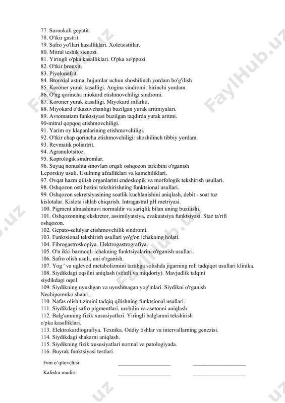 funktsiyasining buzilishi bilan bog'liq yurak aritmiyalari. 64. qon aylanishining etishmasligi. etiologiya. patogenez. tasniflash strazhesko-vasilenkoga ko'ra qon aylanishining buzilishi. 65. tug'ma yurak nuqsonlari (atriyal va interventrikulyar nuqson septum, arterial kanalning yopilmasligi.) 66. surunkali bronxit. 67. o'tkir qon tomir etishmovchiligi. shoshilinch tibbiy yordam. 68. surunkali nefrit. 69. o'tkir jade. eklampsiya. shoshilinch tibbiy yordam. 70. o'pka amfizemasi. 71. oshqozon yarasi va o'n ikki barmoqli ichak yarasi. 72. aorta estuariyasining stenozi. 73. surunkali kolit. 74. surunkali gastrit. 75. jigarning mikronodulyar sirrozi. 76. oshqozon yarasining asoratlari, pilorik stenoz. 77. surunkali gepatit. 78. o'tkir gastrit. 79. safro yo'llari kasalliklari. xoletsistitlar. 80. mitral teshik stenozi. 81. yiringli o'pka kasalliklari. o'pka xo'ppozi. 82. o'tkir bronxit. 83. piyelonefrit. 84. bronxial astma, hujumlar uchun shoshilinch yordam bo'g'ilish 85. koroner yurak kasalligi. angina sindromi: birinchi yordam. 86. o'ng qorincha miokard etishmovchiligi sindromi. 87. koroner yurak kasalligi. miyokard infarkti. 88. miyokard o'tkazuvchanligi buzilgan yurak aritmiyalari. 89. avtomatizm funktsiyasi buzilgan taqdirda yurak aritmi. …