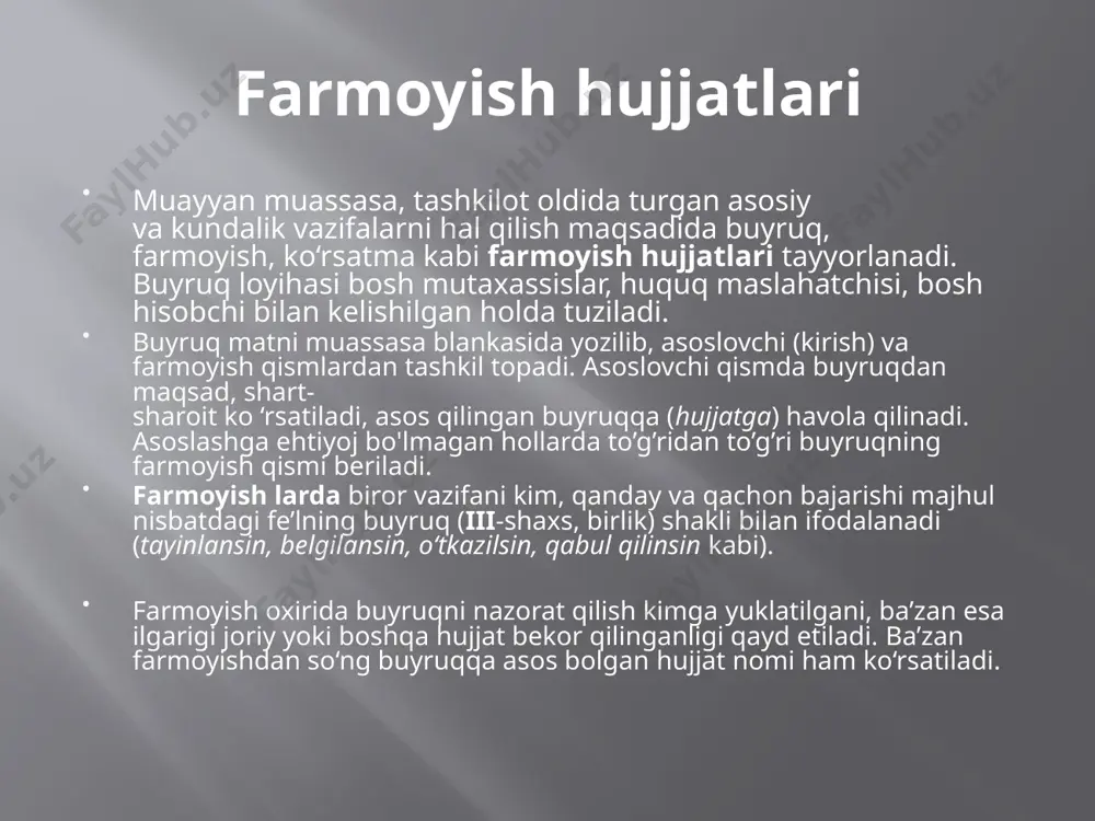 uyruqlar ishni tashkil qilish, muassasa yoki uning bo'limlari faoliyatini tartibga solishda qo'llanadi. ularda, odatda, yuqori tashkilotlardan kelgan ko'rsatma hujjatlar xodimlarga yetkaziladi, bularning ijrosi yuzasidan aniq chora-tadbir belgilanadi, mas'ul shaxslar va bajarish muddati tayinlanadi. ichki mehnat tartiboti qoidalari, mukofotlash nizomi va shu kabilarni tasdiqlash bilan bog'liq me'yoriy buyruqlar ham asosiy faoliyatga oid buyruqlar sirasiga kiradi. bunday buyruqlar umumiy tarzda bo'lib, muayyan bir shaxsga emas, balki butun jamoaga qaratiladi. buyruqning asosiy zaruriy qismlari: 1. gerb, muassasaning ramziy belgisi (blanka qismlari). 2. vazirlik va boshqarma nomi. 3. muassasa xos raqami. 4. hujjat shaklining xos raqami. 5. muassasa nomi. 6. sarlavhasi (mazmunidan kelib chiqib nomlanadi). 7. sanasi. 8. raqami. 9. buyruq chiqqan joy nomi. 10. hujjatning nomi (buyruq). 11. buyruq matni (basharti ilovalari bo'lsa, qayd qilinadi). 12. rahbar yoki o'rinbosar imzosi. buyruq loyihasiga tegishli imzolar qo'yilib, u blankaga ko'chirilgach, tashkilot rahbari uni imzolaydi. asosiy faoliyatga oid buyruqlarda, odatda, mazmunidan kelib chiqib sarlavha qo'yiladi (ba'zi …