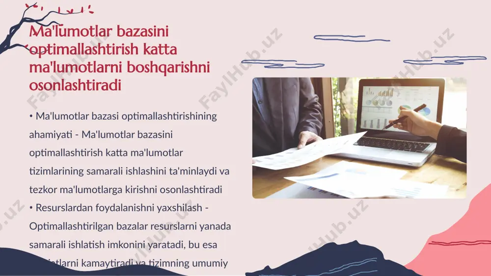 ar va sifat - katta ma'lumotlar sifatdan qoniqish olish uchun kerak bo'ladigan yetakchi resurs hisoblanadi • qarorlarni qabul qilish - yuqori sifatli ma'lumotlar orqali qarorlarni qabul qilish jarayoni aniq va osonlashadi • innovatsiyalar va rivojlantirish - ma'lumotlar sifatini yaxshilash innovatsiyalarni jadallashtiradi va bizneslarni rivojlantiradi ma'lumotlar sifatini oshirish katta ma'lumotlardan foydalanishni yaxshilaydi • ma'lumotlar tahlili - katta ma'lumotlar infratuzilmasi tarqatilgan ma'lumotlardan qiymatli tahlillar olib, qarorlar qabul qilish jarayonini tezlashtiradi • yangi imkoniyatlar - innovatsiyalarni qo'llab-quvvatlash orqali yangi biznes va texnologik imkoniyatlarni ochib beradi katta ma'lumotlar infratuzilmasi kelajakdagi innovatsiyalarni qo'llab-quvvatlaydi thank you for your attention! image1.jpg image2.jpg image3.jpg image4.jpg