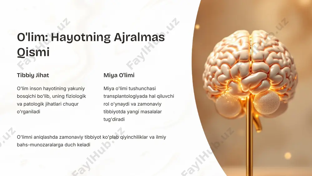 tsiyalar va ularni oldini olish choralari epidemiologik nazorat gepatit, hiv va boshqa xavfli infektsiyalarni aniqlash usullari standartlar uyg'unligi milliy va xalqaro standartlarni muvofiqlashtirish muammolari 7 jamiyatda transplantatsiyaga munosabat donorlik madaniyati donorlik madaniyatini rivojlantirish uchun zarur bo'lgan ijtimoiy omillar axloqiy dilemma hayotni saqlash uchun o'limni aniqlash va organ olishning murakkab axloqiy masalalari huquqlarni himoya oila va shaxsiy huquqlarni himoya qilish masalalari 8 yangi yo'nalishlar va kelajakdagi imkoniyatlar immunotolerantlik immunotolerantlikni oshirish va immunosupressiv dorilarni kamaytirish yo'llari biotexnologiyalar organlarni laboratoriyada yetishtirish va regenerativ tibbiyot istiqbollari me'yorlar takomillashtirish axloqiy va huquqiy me'yorlarni zamonaviylashtirish zarurati 9 hayot va o'lim oralig'idagi murakkabliklar o'lim - hayotning intihosi o'lim va o'lish jarayoni inson hayotining tabiiy yakuniy bosqichi sifatida qabul qilinadi transplantatsiya - umid hayotni saqlashda inqilobiy yutuq, ammo axloqiy va huquqiy muammolarni hal qilish zarur jamiyat mas'uliyati tibbiyot, qonunchilik va jamiyat birgalikda ishlashi - har birimiz uchun chuqur mulohaza va mas'uliyat 10 image1.png image2.png image3.png image4.png image5.png image6.png …