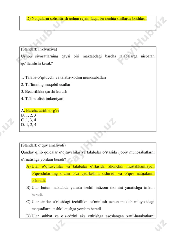o‘quv natijalarini oshiradi. b) ular butun maktabda yanada izchil intizom tizimini yaratishga imkon beradi. c) ular sinflar o‘rtasidagi izchillikni ta'minlash uchun maktab miqyosidagi maqsadlarni tashkil etishga yordam beradi. d) ular suhbat va o‘z-o‘zini aks ettirishga asoslangan xatti-harakatlarni kutishning aniq tizimini amalga oshiradilar. (standart: belgilar ta'limi) mantiqiy oqibatlar bolaning xarakterini tarbiyalash bilan qanday bog‘liq? a) mantiqiy oqibatlar qat'iy jazo kodeksidan foydalanadi. b) mantiqiy oqibatlar ko‘pincha xatti-harakatni o‘zgartirish uchun uyatdan foydalanadi. c) mantiqiy oqibatlar bolalarda ichki tushunish, o‘zini o‘zi boshqarish va qoidalarga rioya qilish istagini rivojlantirishga yordam beradi. d) mantiqiy oqibatlar tashqi nazorat yoki avtoritar intizom yordamida qoidalarga rioya qilishni talab qiladi. keys topshirig‘i maktabning yangi rahbari mo‘minova nasiba jo‘rayevna 2023 yilning 16 noyabr kunidan maktab direktori lavozimiga tayinlanib, ish faoliyatini boshladi. nasibaning vaziyatiga ko‘ra test: 1. maktabdagi ta’lim sifatini oshirishda nasibaning birinchi qadami nimalardan iborat edi? 1. dars taqsimotini to‘g‘ri taqsimladi 1. metod birlashmalar yig‘ilishini o‘tkazdi 1. kadrlar salohiyatini o‘rgandi va …
