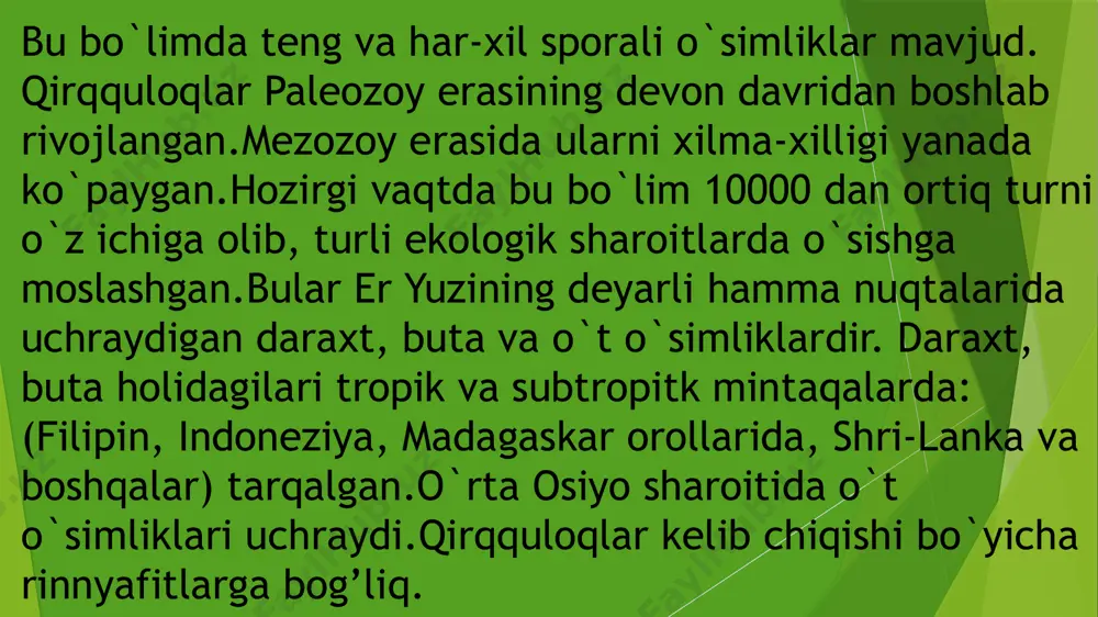 rdan siateynamolar qabilasi,aspleniyadoshlar-aspleniaceae oilasining keng tarqalgan vakillaridan biri o`rmon qirqqulog’i(dryopteris filix-mas) o`simligiga to`xtab o`tamiz. bu o`simlik ko`p yilik ildizpoyali o`t o`simlik. respublikamiz hududida tog’ zonasining mayda shag’alli tuproqlarda, daraxt va qoyalarning soyasida o`sadi. o`rmon qirqqulog’i murakkab tuzilgan serbar barg dastalarini hosil qiladi. bular ildizpoyaning uchidan o`sib chiqadi. ildizpoya er yuzasiga yaqin joylashgan va u qora-qo`ng’ir rangda bo`ladi. barglari har yili kuzga kelib tushib ketadi va barg bandlarining er ostki qismigina saqlanib qolad.tuproqdan o`sib chiqqan yosh barglar uchi dastlab gajakka o`xshab o`ralib turadi. keyinchalik voyaga etgan barglarga aylanadi. o`simlik bo`yi 1mga o`sib boradi.ildizpoyadan bir talay qo`shimcha ingichka ipsimon ildizchalar ham hosil buladi. yoz faslining o`rtalariga kelib, bargning ostki yuzasida sporongiylar hosil bo`ladi. marsiliya kabilarajdodchasi.ajdodcha 1 ta marsiliyanamolar (marsileales) qabilasini, u bitta marsiliyadoshlar (marsilaceae) oilasidan iborat. oila 3 ta turkumni o`z ichiga oladi. shulardan marsiliya turkumi 60 dan ortiq turni birlashtiradi. bu oilaga vakil sifatida to`rt bargli marsiliya (marsilia qvadrifolia) hisoblanadi. bu …