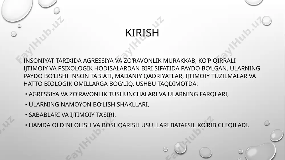 ri katta. jismoniy urish, so‘z orqali haqoratlash, ijtimoiy izolyatsiya agressiya va zo‘ravonlikni boshqarish va oldini olish choralar sog‘lom tarbiya usullari:oilada ochiq va samimiy muloqot, bolalarni ijobiy qadriyatlar bilan tarbiyalash, nizolarni konstruktiv hal etish oilaviy zo‘ravonlikni kamaytirishga olib keladi. oilaviy terapiya va maslahat xizmatlari munosabatlardagi noaniqliklarni bartaraf etishda yordam beradi. ta’lim muassasalarida:maktablarda va universitetlarda zo‘ravonlikni oldini olishga qaratilgan maxsus treninglar va psixologik yordam xizmatlarini joriy etish zarur. o‘quvchilarga etika va empatiya o‘rgatish ya’nita’lim jarayonida axloqiy qadriyatlar, empatiya va murosaga erishish ko‘nikmalarini rivojlantirish agressiyani kamaytirishda muhim rol o‘ynaydi. , ish joylari va jamiyat darajasida sog‘lom korporativ madaniyat ya’niish joyida ochiq muloqot, adolatli baholash va xodimlar o‘rtasida hurmatni mustahkamlovchi siyosat agressiv muhitni kamaytiradi. qonunchilik va siyosiy choralar: zo‘ravonlikka qarshi qat’iy qonunlar, jazo choralari va davlat darajasida ijtimoiy himoya tizimlarini kuchaytirish zarur. media va ijtimoiy tarmoqlarni nazorat qilish: onlayn zo‘ravonlikni oldini olish uchun ijtimoiy tarmoqlarda etik qoidalarni joriy etish, haqoratli va yolg‘on xabarlar tarqalishini …