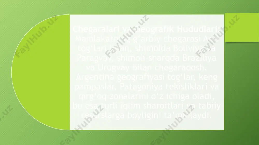 abini 10 ta misol 1 boy tabiiy resurslar: argentina neft, gaz va minerallar kabi tabiiy resurslarga boy bo‘lib, bu mamlakatning eksport salohiyatini oshiradi va iqtisodiy o‘sishga hissa qo‘shadi. 2 diversifikatsiyalangan sanoat bazasi: mamlakat avtomobilsozlik, oziq-ovqat qayta ishlash, metallurgiya va kimyo sanoati kabi tarmoqlarda rivojlangan sanoat bazasiga ega, bu esa iqtisodiy barqarorlikni ta'minlaydi. 3 eksportga yo‘naltirilgan qishloq xo‘jaligi: soya, bug‘doy, makkajo‘xori va go‘sht mahsulotlari kabi qishloq xo‘jaligi mahsulotlarining eksporti mamlakatga muhim daromad keltiradi. 4 yuqori savodli aholi: argentina aholisi yuqori savodxonlik darajasiga ega bo‘lib, bu malakali ishchi kuchi orqali iqtisodiy rivojlanishga yordam beradi. 5 xalqaro investitsiyalarni jalb qilish: so‘nggi yillarda amalga oshirilgan iqtisodiy islohotlar va bozor liberallashtirish choralari xorijiy investitsiyalarni jalb qilishga xizmat qilmoqda. 6 texnologik rivojlanish: elektronika va maishiy texnika ishlab chiqarish sohasida innovatsiyalar va modernizatsiya jarayonlari amalga oshirilmoqda. 7 iqtisodiy islohotlar: yangi hukumat tomonidan amalga oshirilgan iqtisodiy islohotlar, jumladan, davlat xarajatlarini qisqartirish va subsidiyalarni kamaytirish, iqtisodiy barqarorlikka erishishga qaratilgan. …
