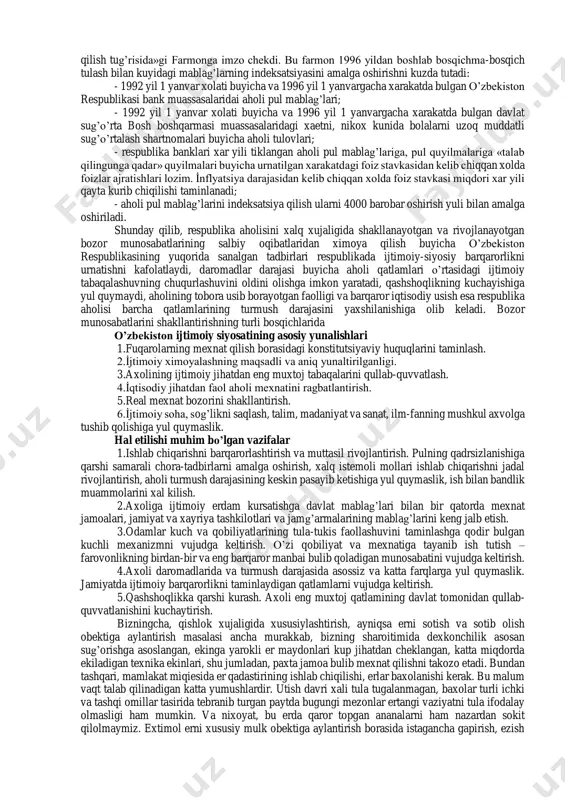 boshlab umumtalim maktablari, maktab-internatlari, o’rta maxsus va hunar-texnika bilim yurtlari uqituvchilari ish xaqlariga qushimcha xaq joriy qilindi. bolalar uyi va internatlar tarbiyachilari ish xaqlari 1,2 martaga oshirildi, qar yili barcha birinchi sinf uquvchilariga uquv buyumlarining tuliq-komplektini sovga tariqasida berish tartibi joriy qilindi. kam taminlangan oilalar boshlangich sinf uquvchilariga esa qishki kiyim beriladigan buldi. yagona tarif setkasining joriy etilishi va turli xil toifadagi ishchilar ish xaqi miqdorini ish xaqining minimal miqdori bilan bog’lanishi, shuningdek, xujalik xisobidagi korxonalar tomonidan ish xakiga yunaltiriladigan mablag’larni ishlab chiqarish-xujalik faoliyati natijalariga bog’lik ravishda boshqarishning joriy etilishi. i̇shlab chiqarish (ish, xizmat) xajmining bir foizga usishi kursatilgan mablag’larining 0,7 foizga usishiga olib keladi: - jismoniy shaxslar daromadlariga soliq solish. bu soliq daromad miqdori oshishi bilan usib boradi. bir minimal ish xaqi miqdoridagi oylik daromadga soliq solinmaydi. 1998 yil 1 yanvardan boshlab yangi soliq kodeksiga muvofiq daromad solig’ining progressivliligi kuchayadi. 15 foiz stavka buyicha soliq solinadigan birinchi gurux daromadlar …